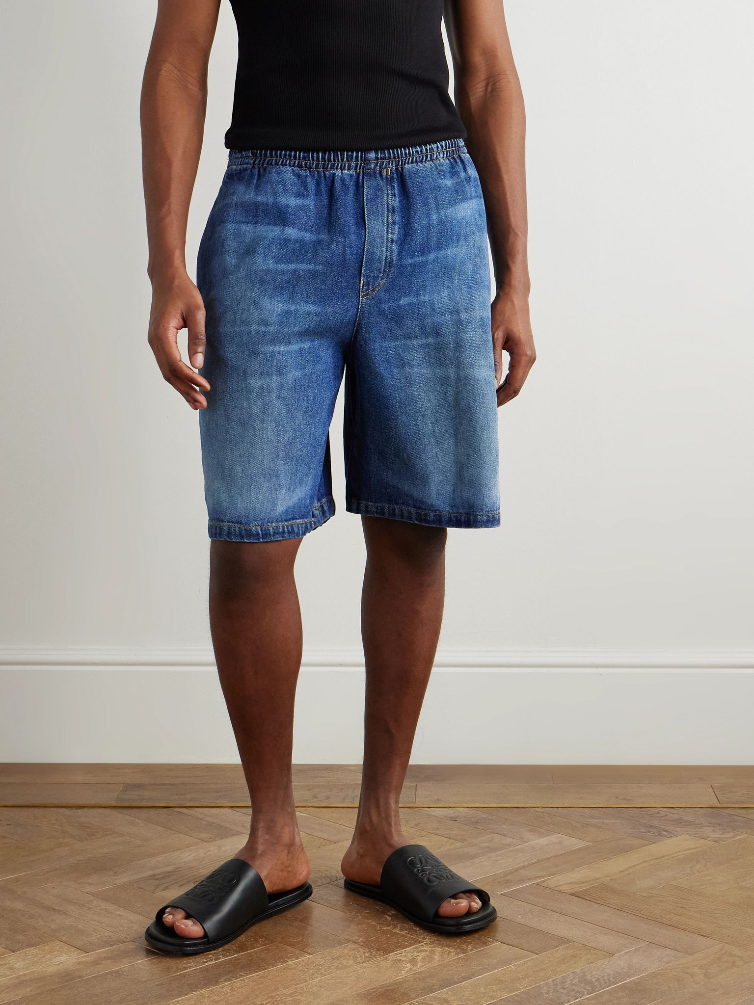 Straight-Leg Horsebit-Embellished Denim Shorts Blue - 3