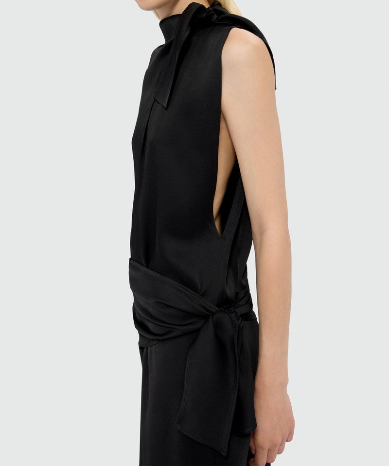 Black satin midi dress with tie belt and pareo effect 5
