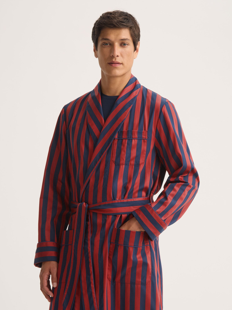 Men's Robe Royal Cotton Navy Blue & Red Stripe 4