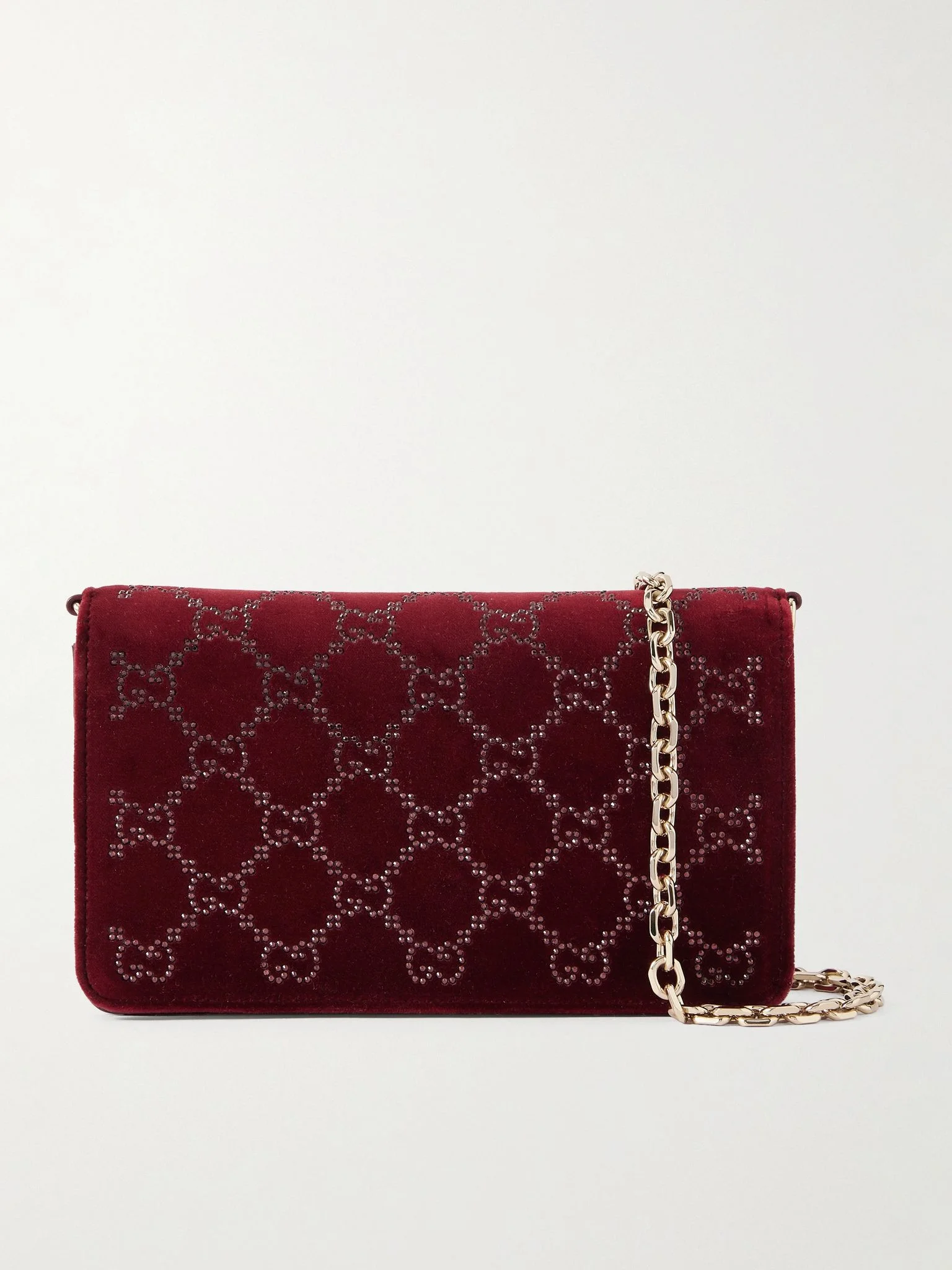 Crystal-embellished velvet and leather shoulder bag Burgundy - 1