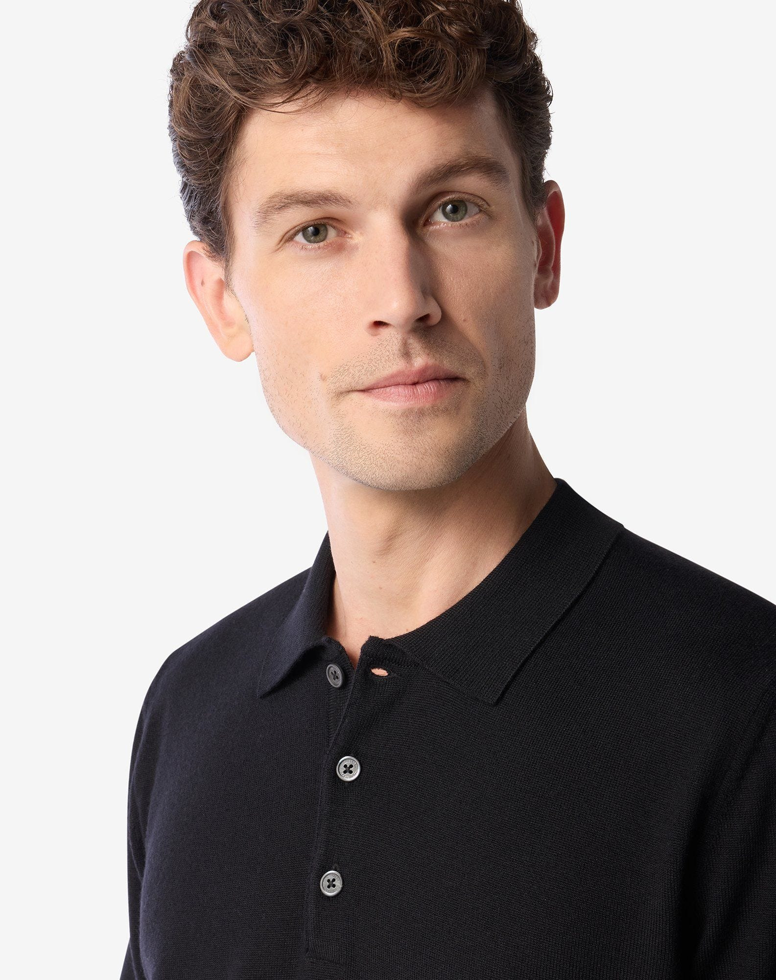 Black extra fine merino wool button-up polo - 4
