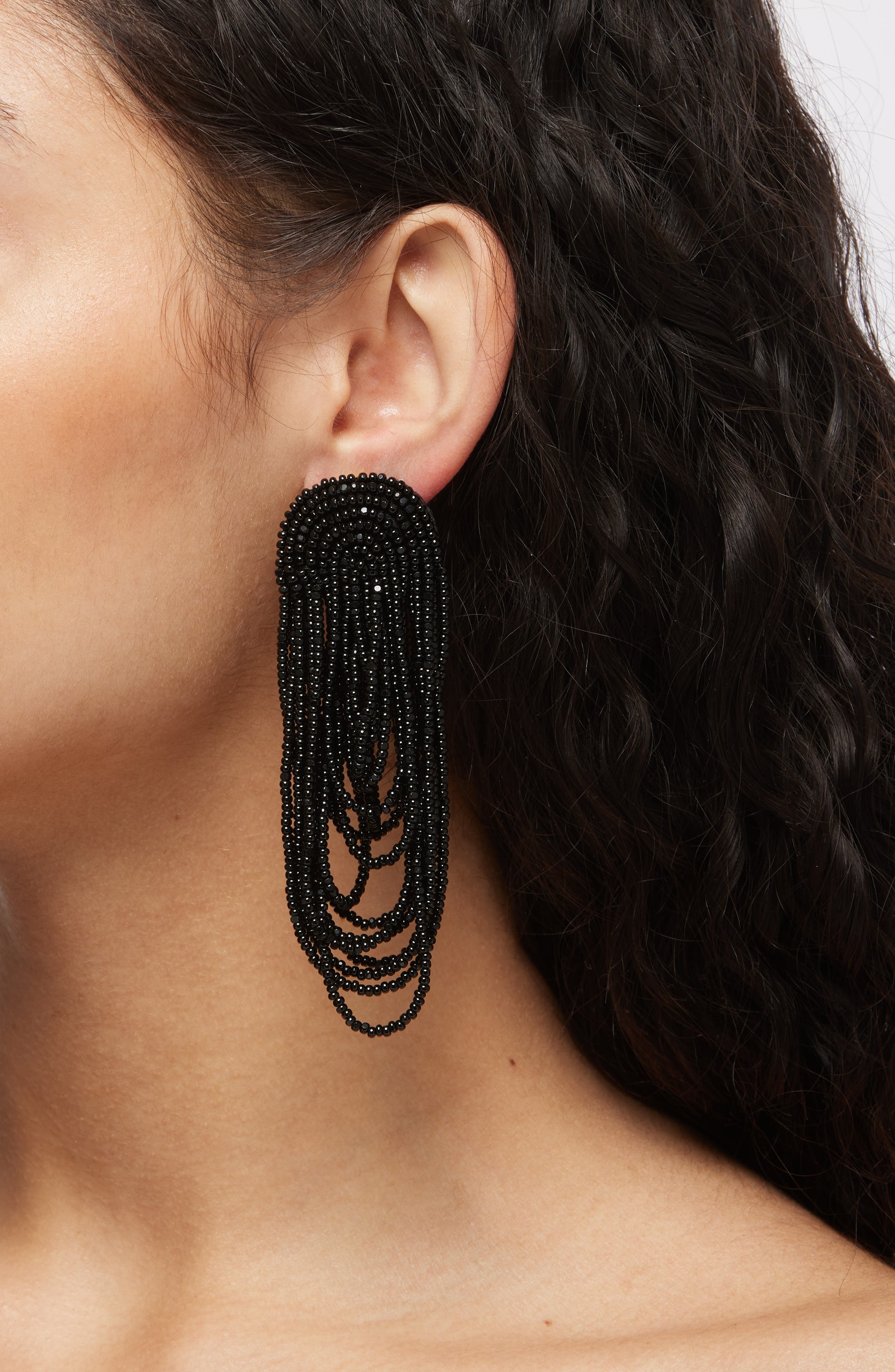 Oscar de la Renta Beaded Double Curtain Clip-On Drop Earrings in Black at Nordstrom - 4