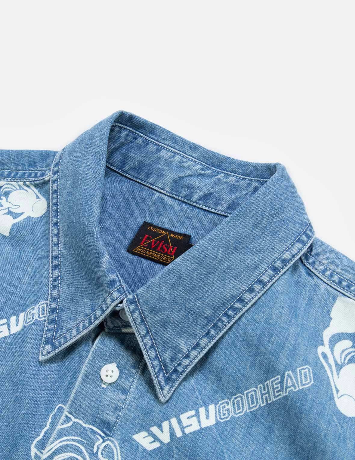 Allover Godhead and Logo Discharged  Print Denim Shirt - 9