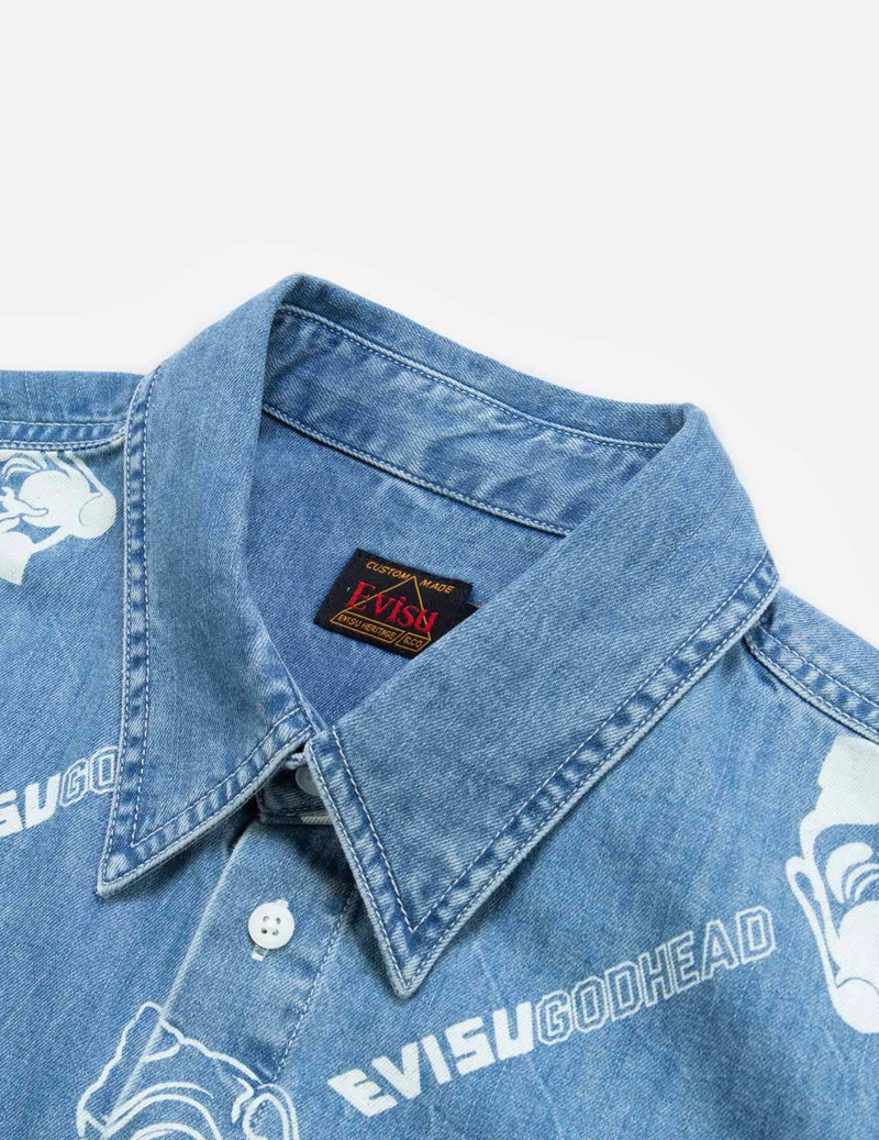 Allover Godhead and Logo Discharged  Print Denim Shirt 9