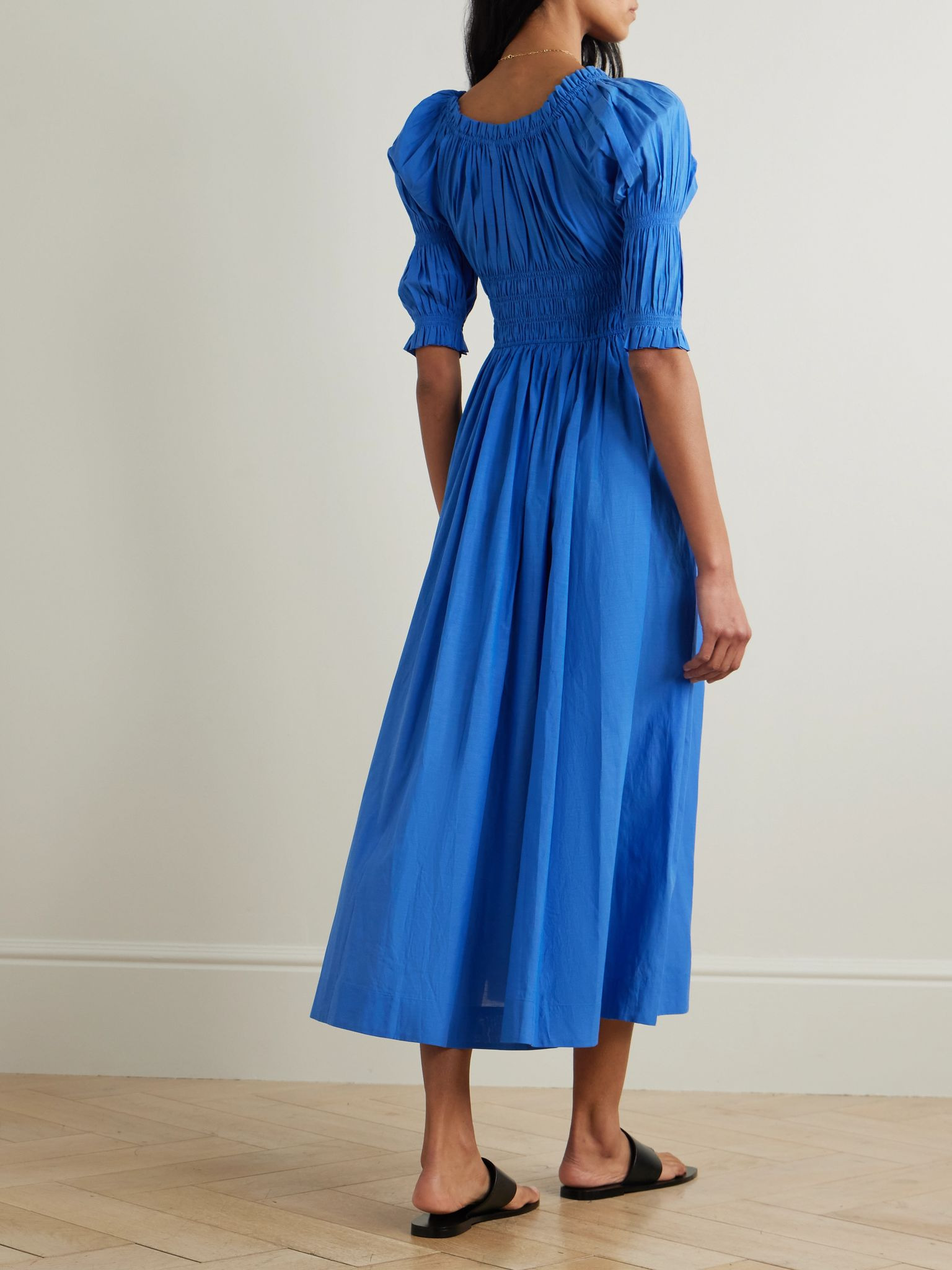 Ischia shirred organic cotton-blend voile midi dress Blue - 3