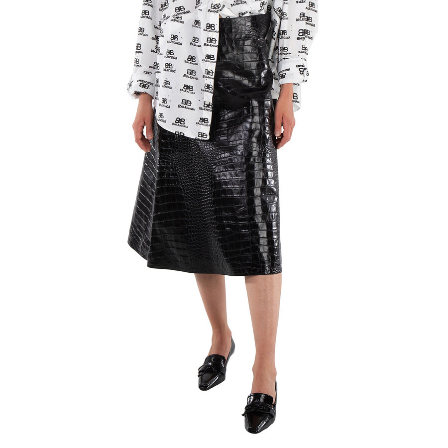 Balenciaga Ladies Black Crocodile-Effect A-Line Skirt - 3