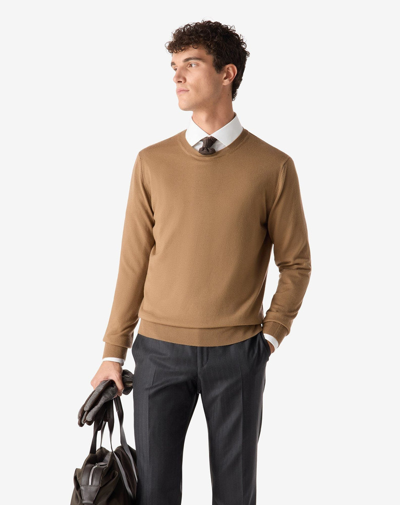 CORNELIANI Camel beige crew neck extra fine wool jumper outlook