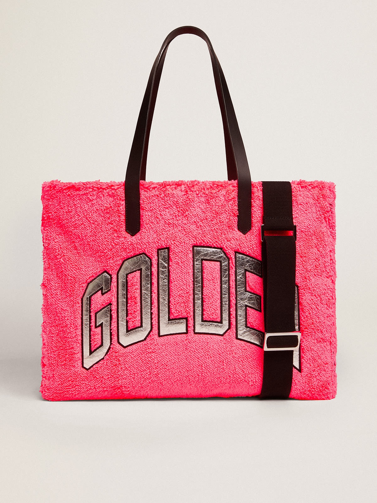 East-West California Bag in fuchsia terry fabric with Golden lettering in silver metallic leather - 2