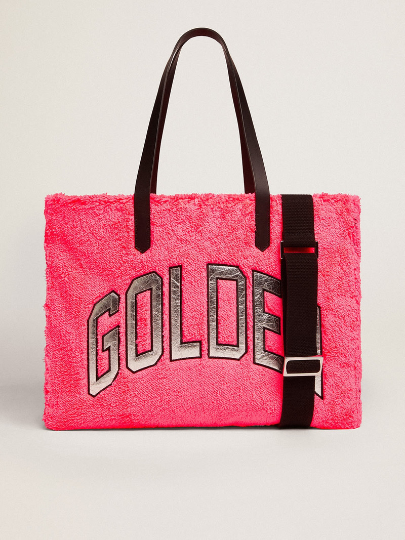 Golden Goose East-West California Bag in fuchsia terry fabric with Golden lettering in silver metallic leather outlook