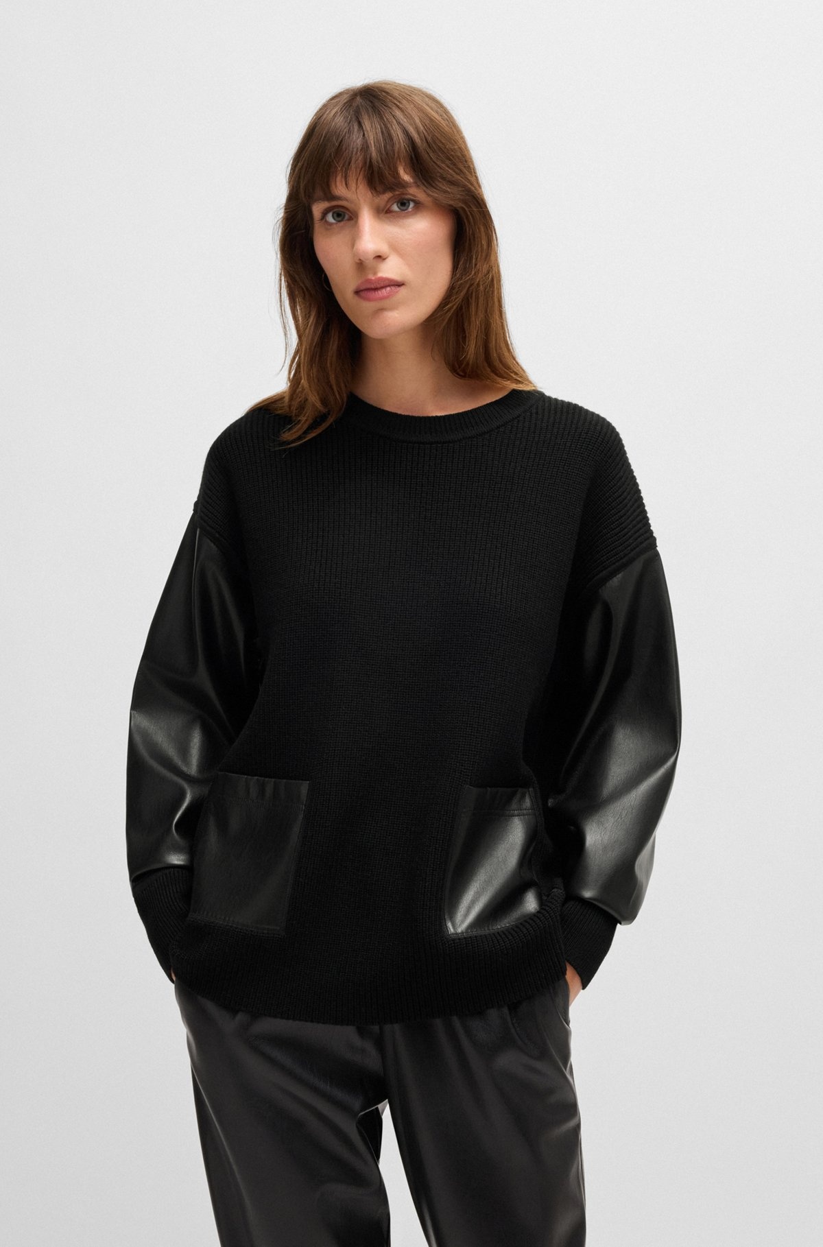 WOOL SWEATER WITH FAUX-LEATHER SLEEVES - 2