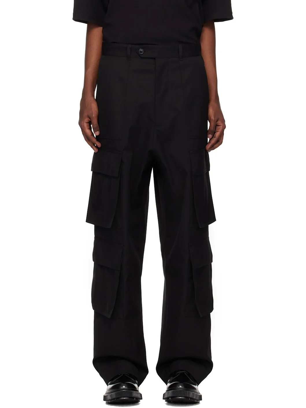Black Twill Wide Leg Cargo Pants - 1