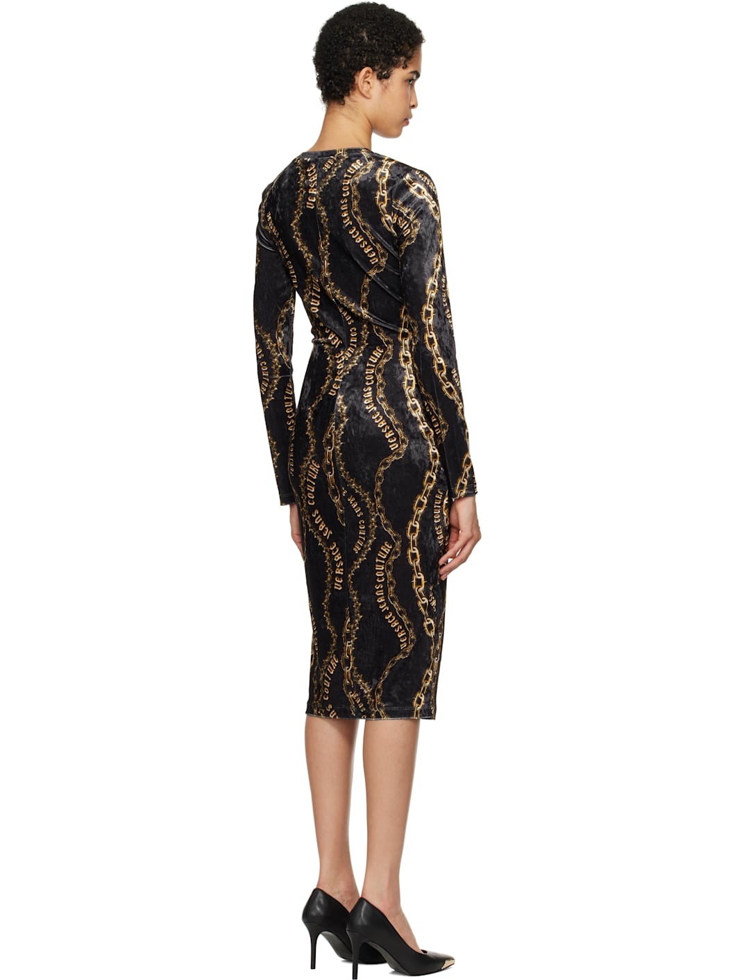 Black Chain Couture Velvet Midi Dress - 3