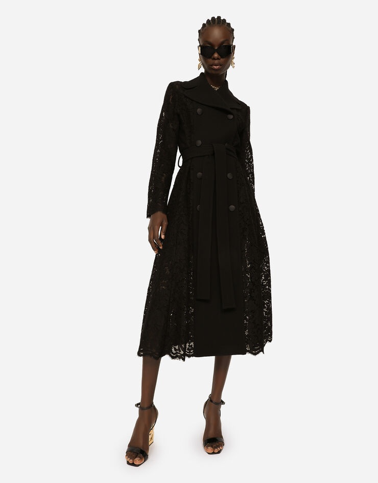 Belted double-breasted crepe and lace coat - 3