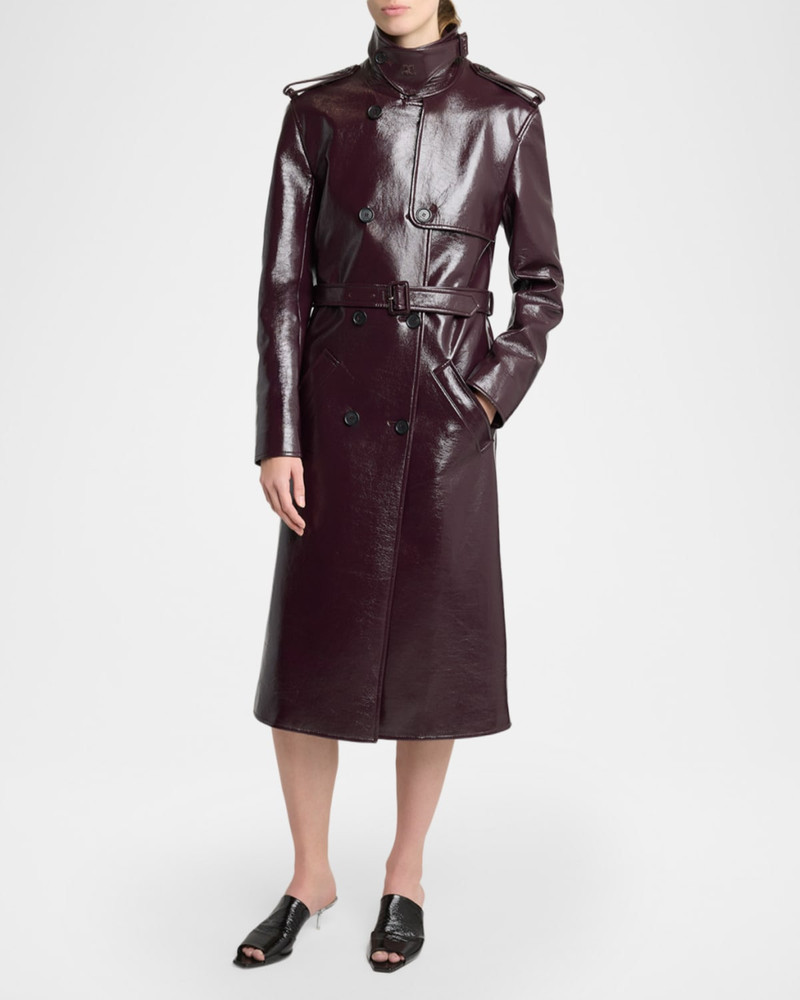 Vinyl Double-Breasted Belted Long Trench Coat 4