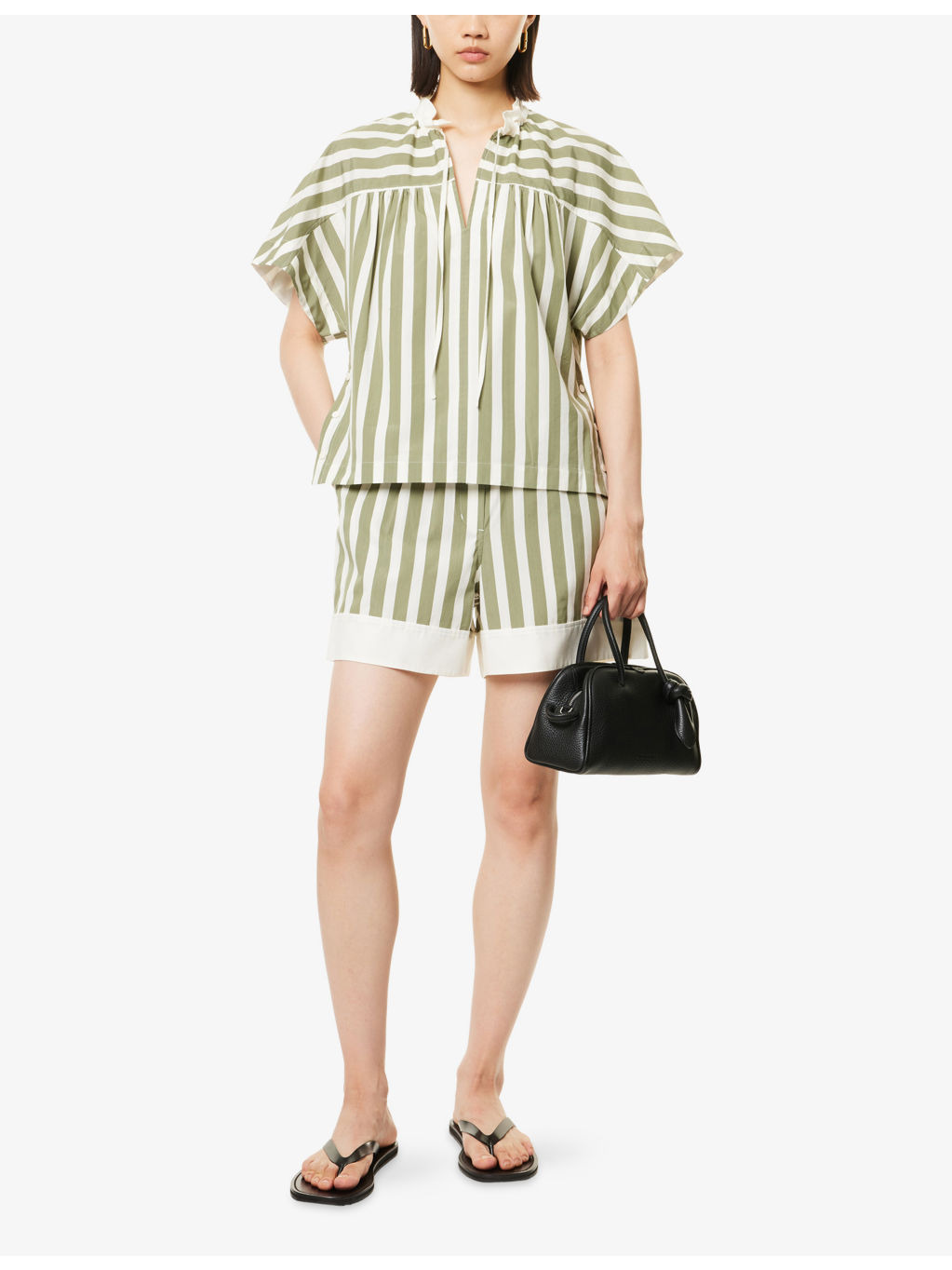 Striped Short-Sleeve Tie-Neck Cotton-Silk Top - 2