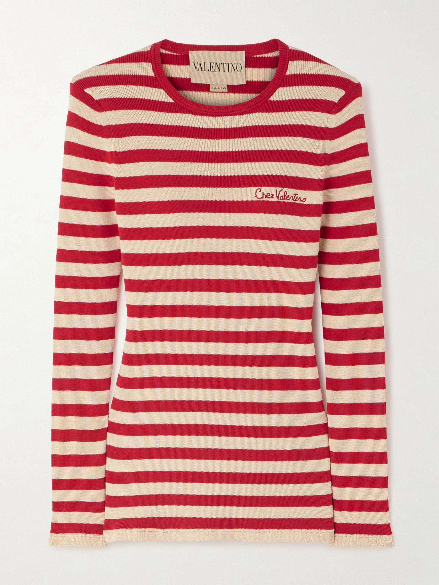 Embroidered striped ribbed-knit cotton sweater Red - 1