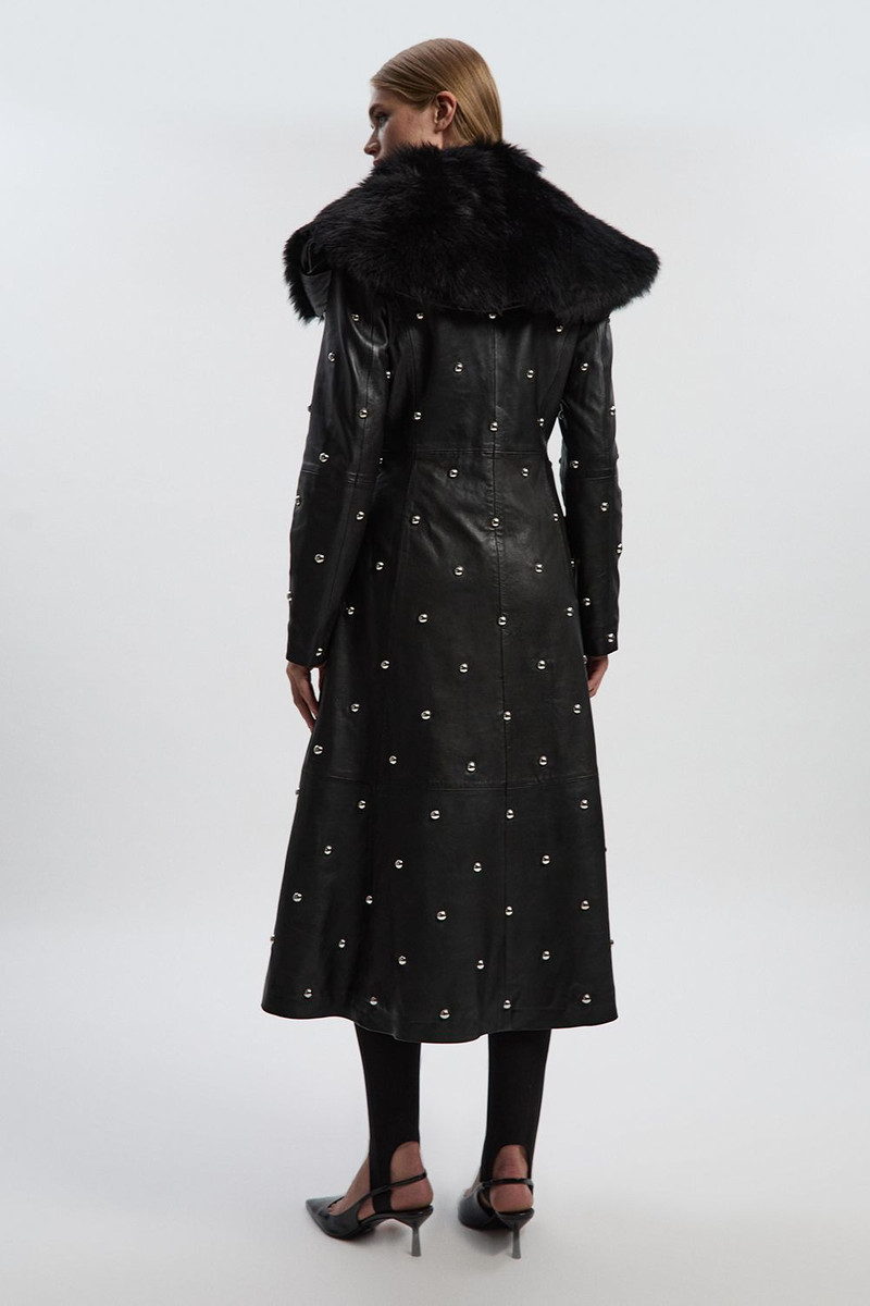 Leather & Shearling Collar Studded Belted Maxi Coat 5