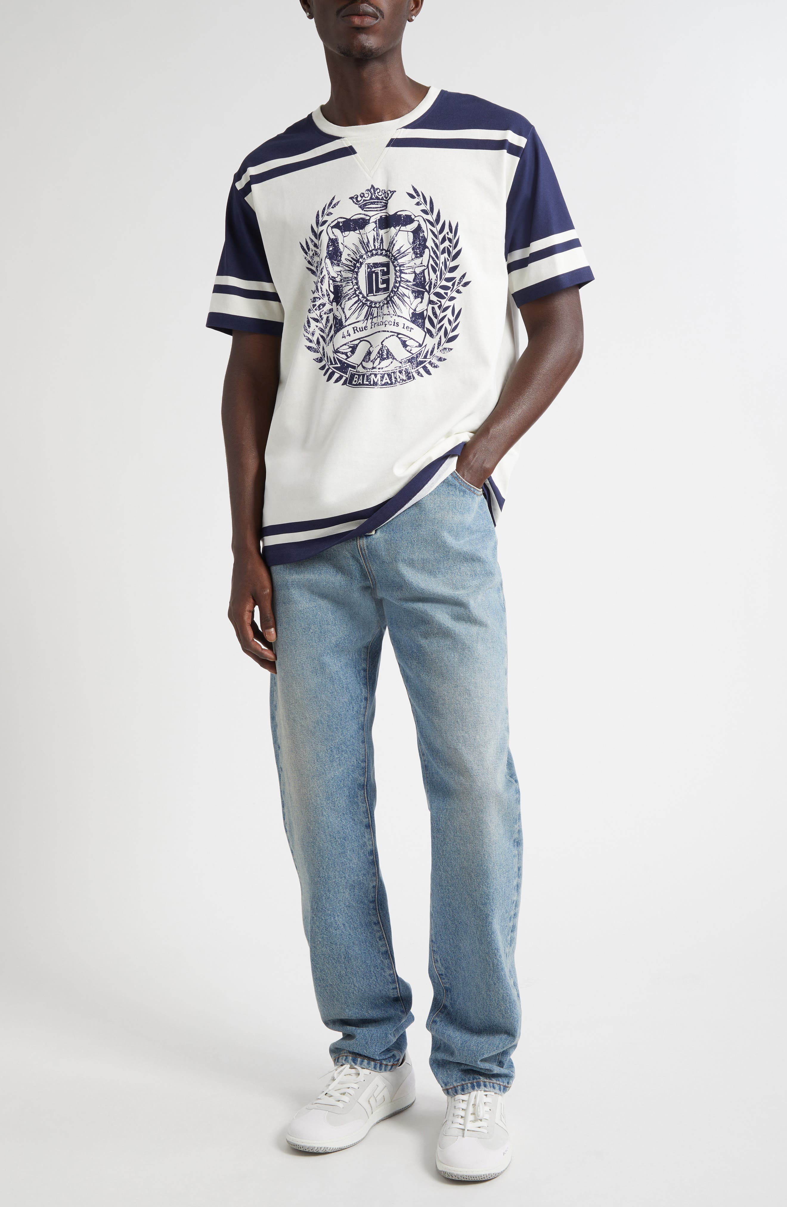 Balmain Emblem Varsity T-Shirt in Gtj Cream/Navy at Nordstrom - 2