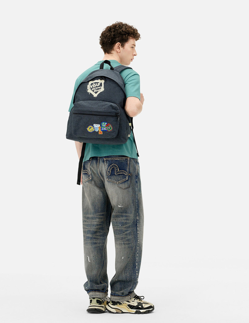 Faux Sticker Logo Print Denim Backpack 3