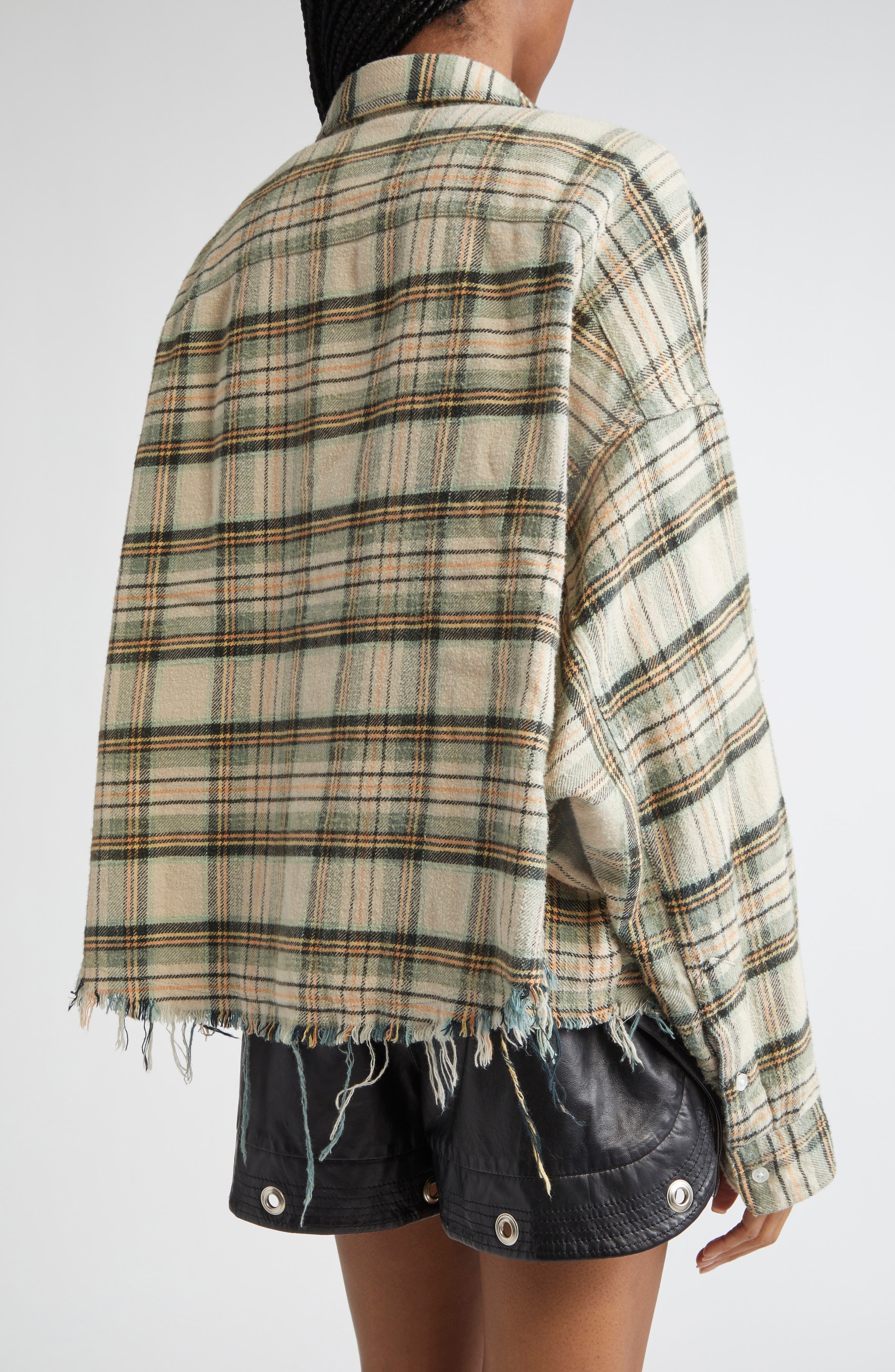 R13 Crop Plaid Flannel Button-Up Shirt in Cream/Turquoise Plaid at Nordstrom - 3