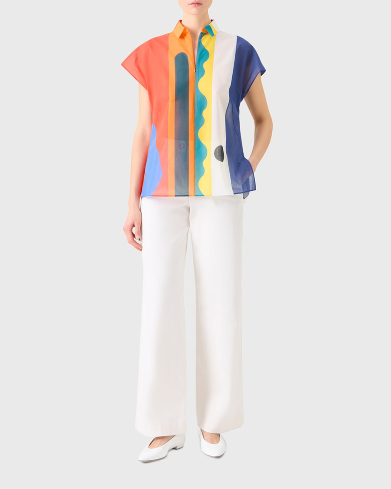 AKRIS Abstract-Print Cap-Sleeve Zipper Shirt outlook