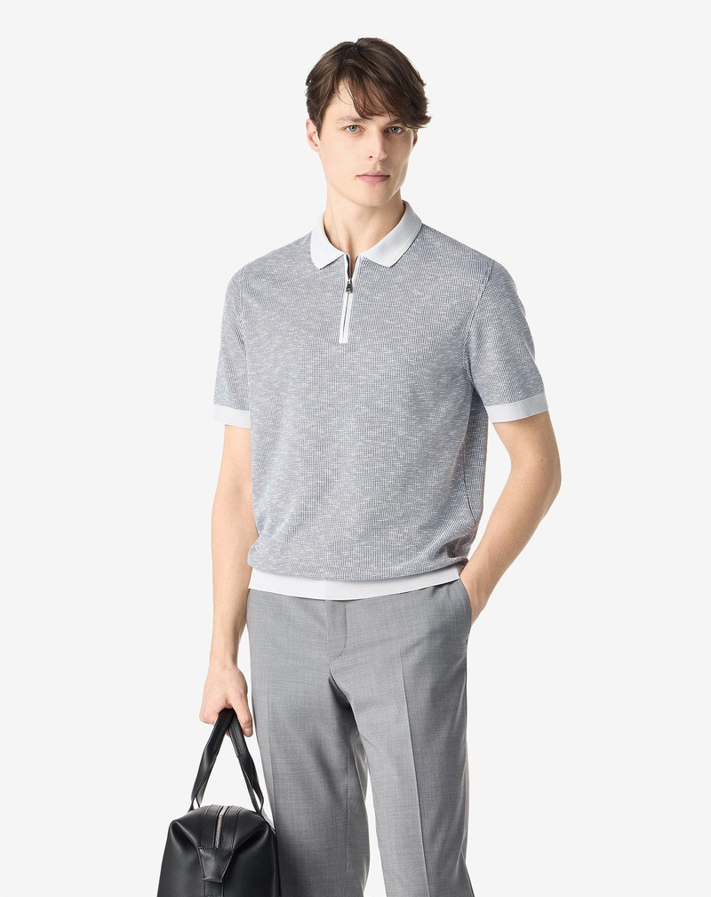 CORNELIANI Navy blue and white zipped cotton polo shirt outlook