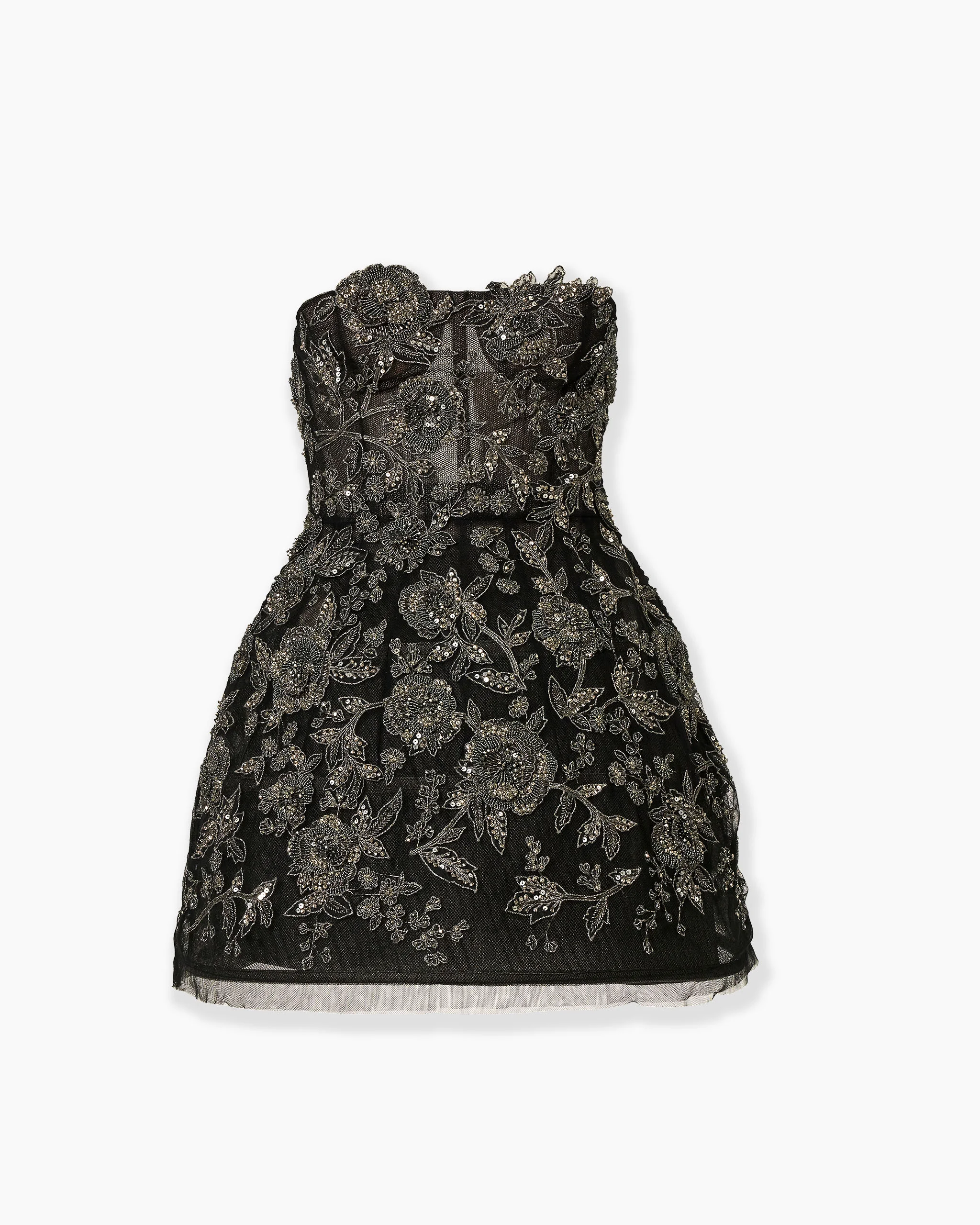 Strapless Minidress with Pewter Floral Embroidery - 1