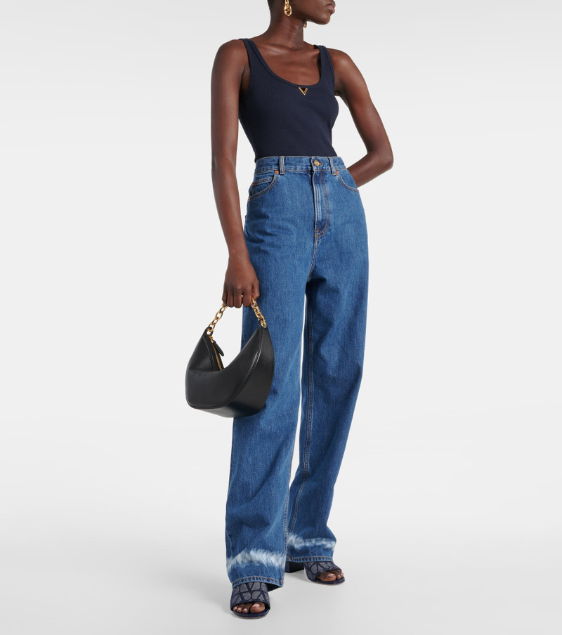 Valentino Toile Iconographe leather-trimmed denim slides outlook