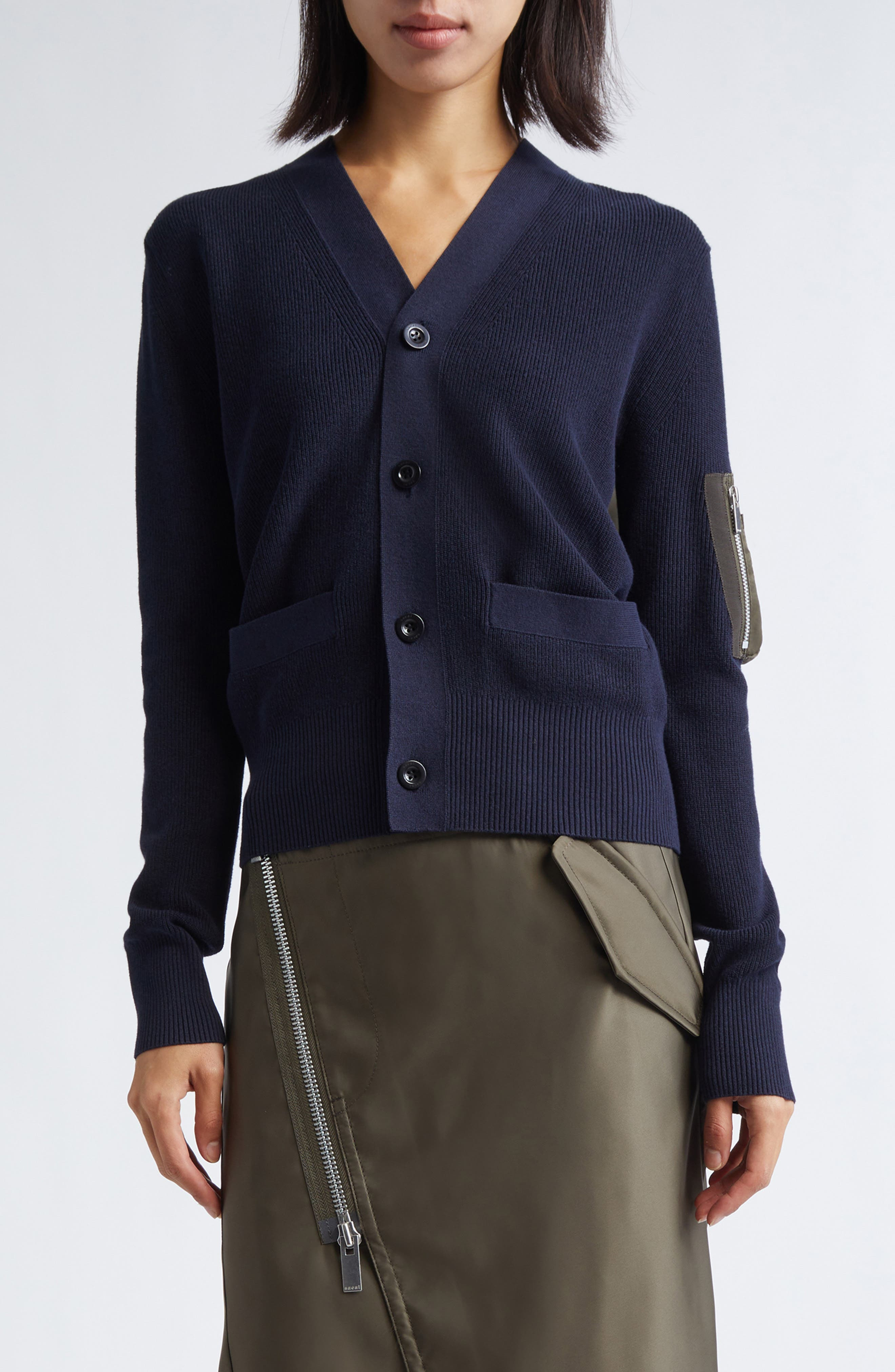 Sacai Mixed Media Nylon Twill & Knit Cardigan in Navy/Dark Khaki at Nordstrom - 1