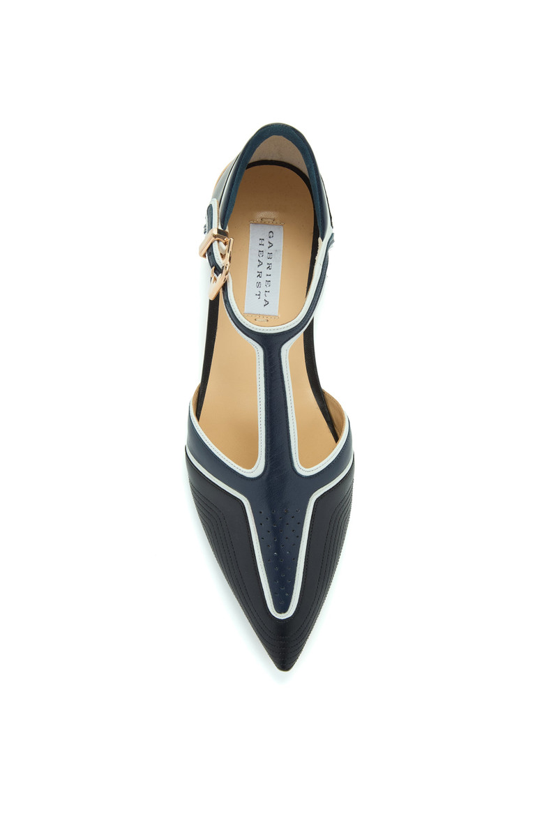 Leya Moto T-Strap Flat Shoe in Navy Multi Leather 4