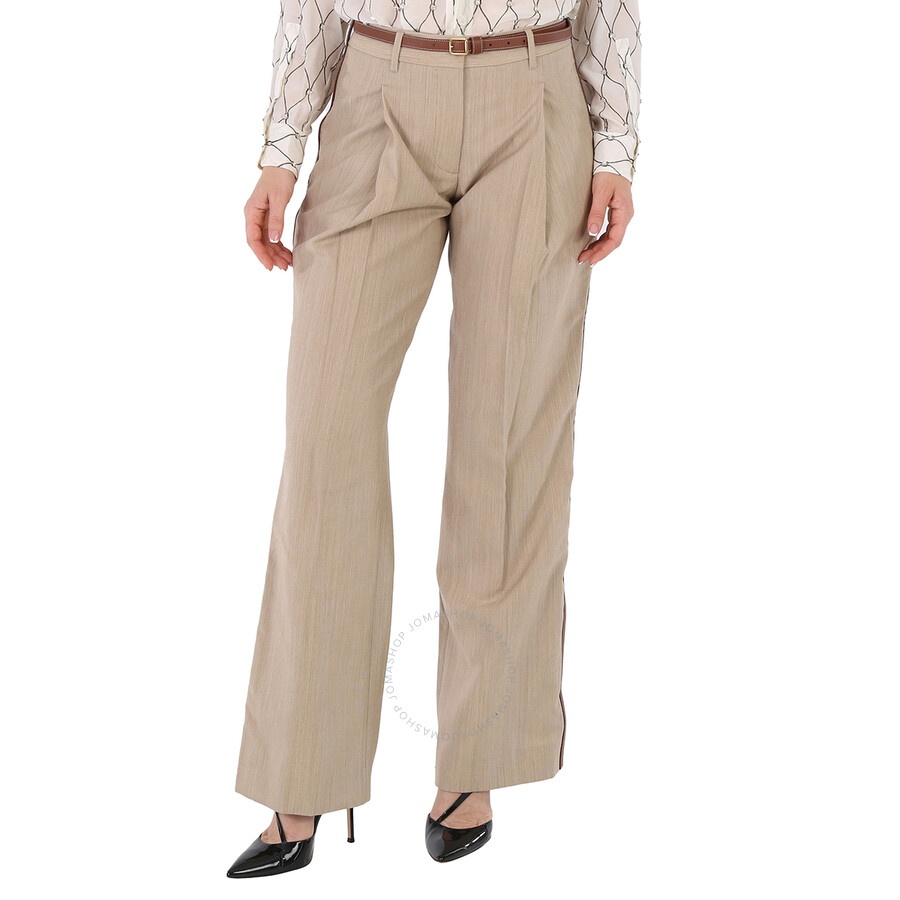 Burberry Camel Melange Wool Leather Stripe Tailored Trousers - 3