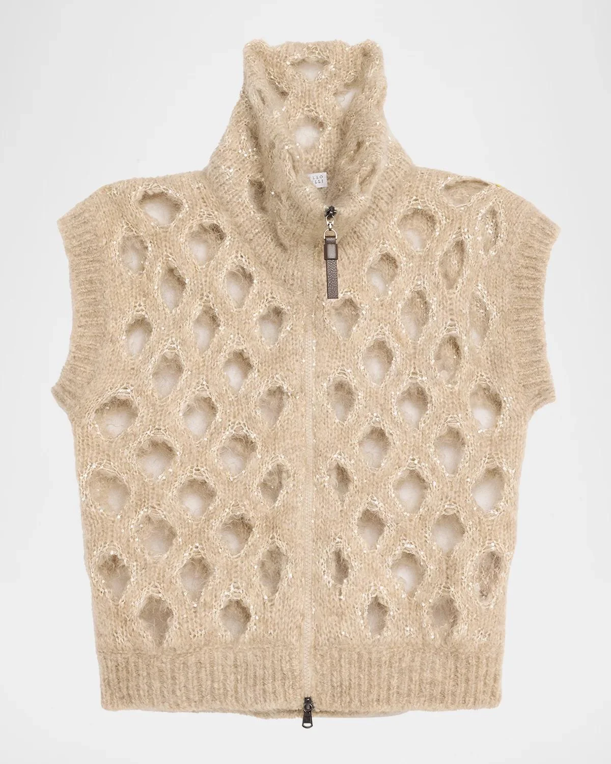 Turtleneck Paillette Mohair-Blend Open Knit Zip Vest - 1