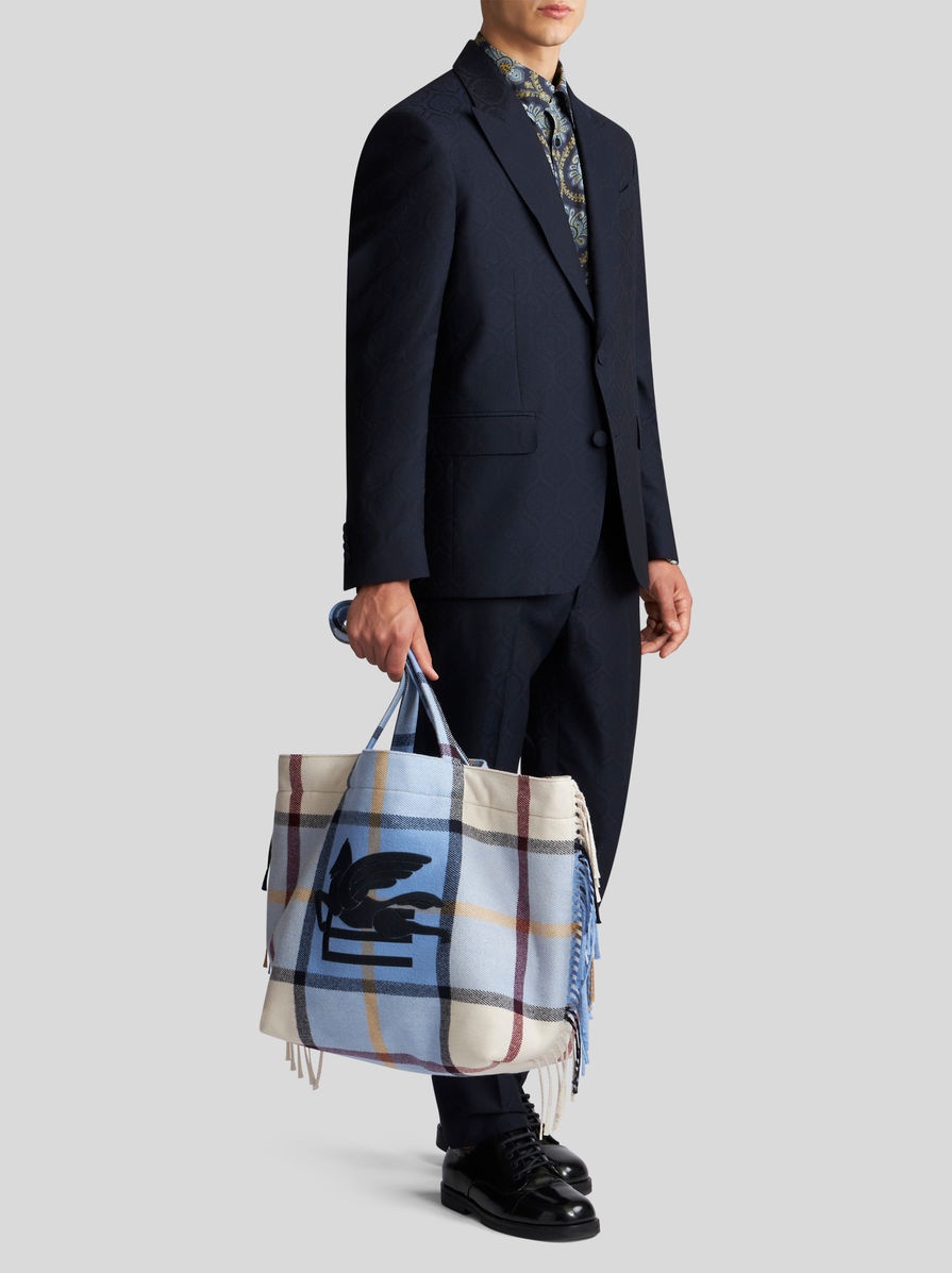 LARGE CHECK JACQUARD SOFT TROTTER TOTE BAG WITH FRINGING - 3