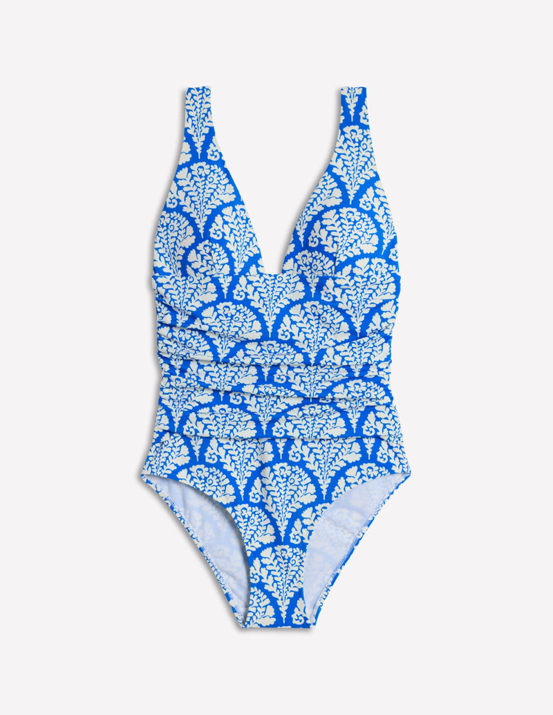 Mykonos Deep V Swimsuit-Cerulean Blue, Blossomy - 1