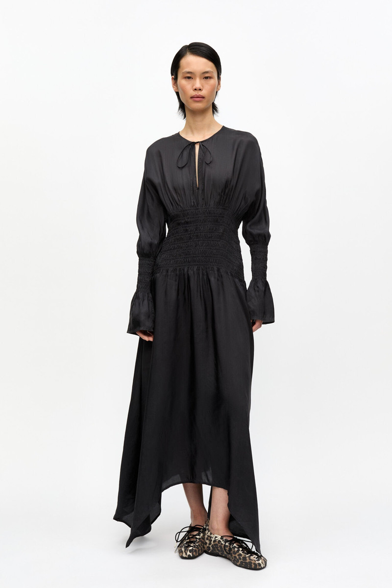 GANNI BLACK VISCOSE HABOTAI SMOCK MIDI DRESS outlook