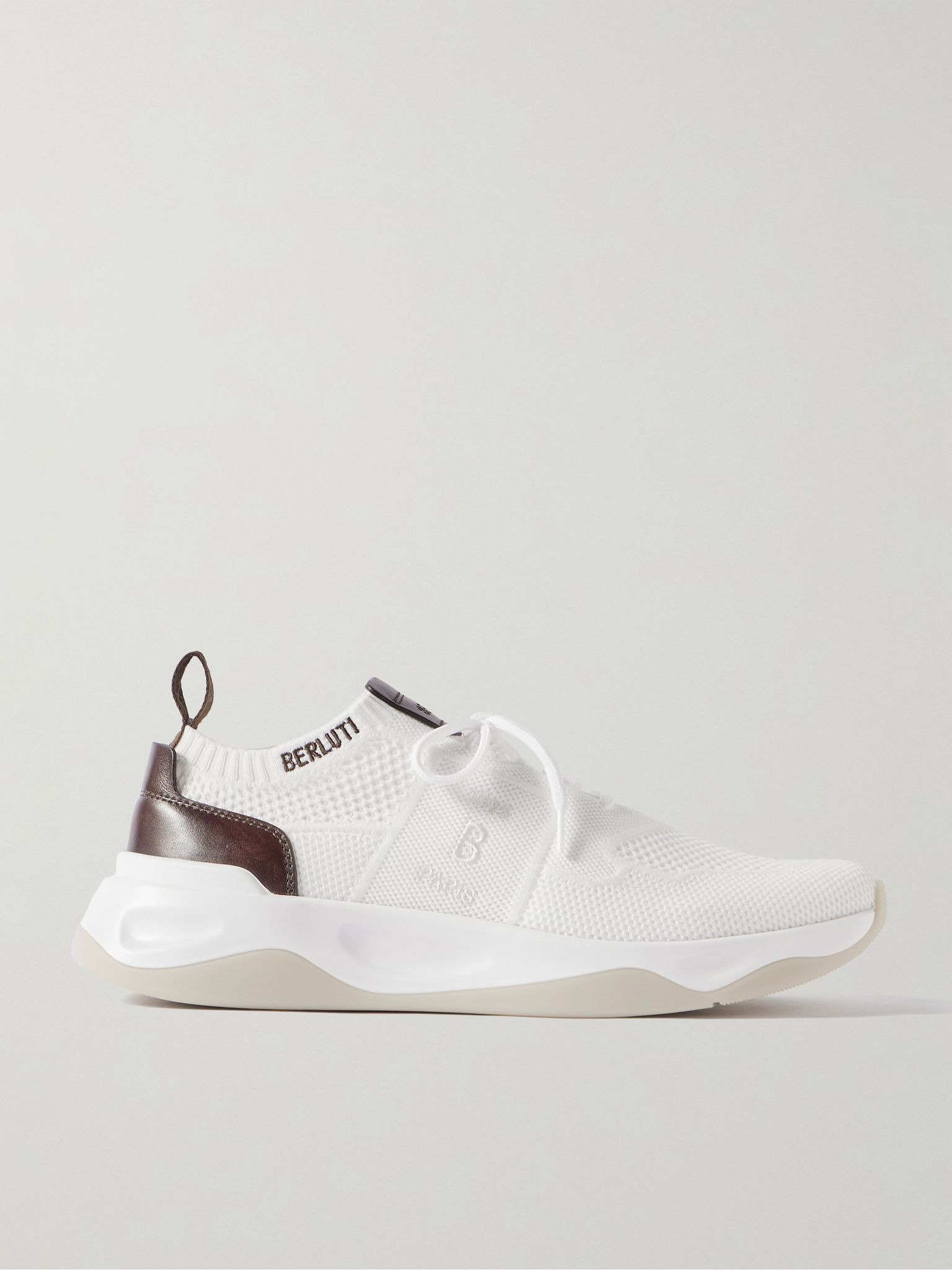 Shadow Leather-Trimmed Stretch-Knit Sneakers White - 1