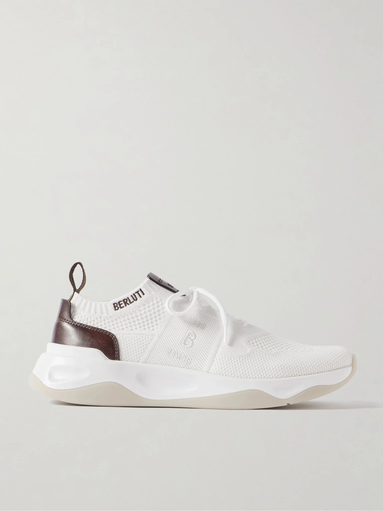 Shadow Leather-Trimmed Stretch-Knit Sneakers White - 1