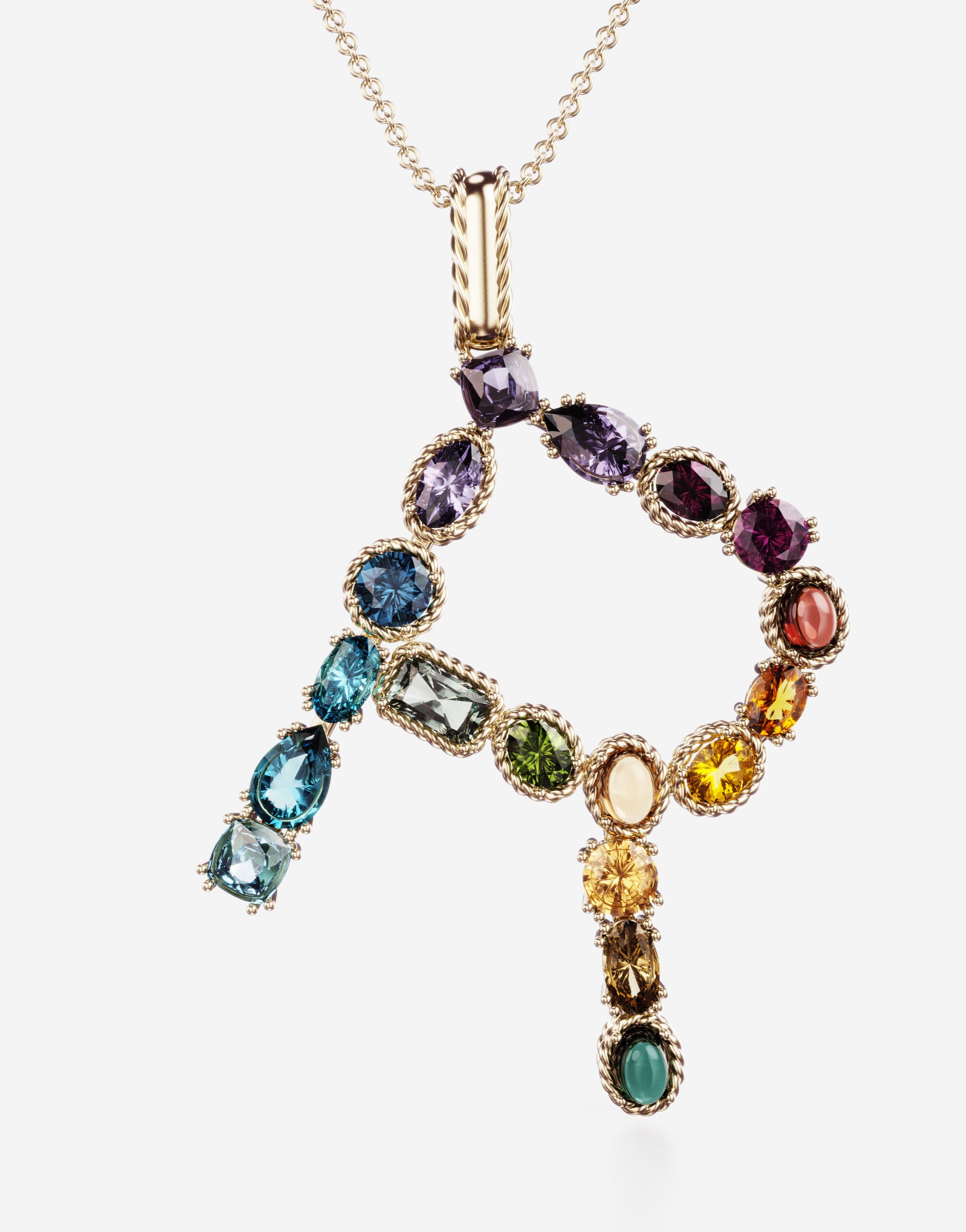 Rainbow alphabet R pendant in yellow gold with multicolor fine gems - 2