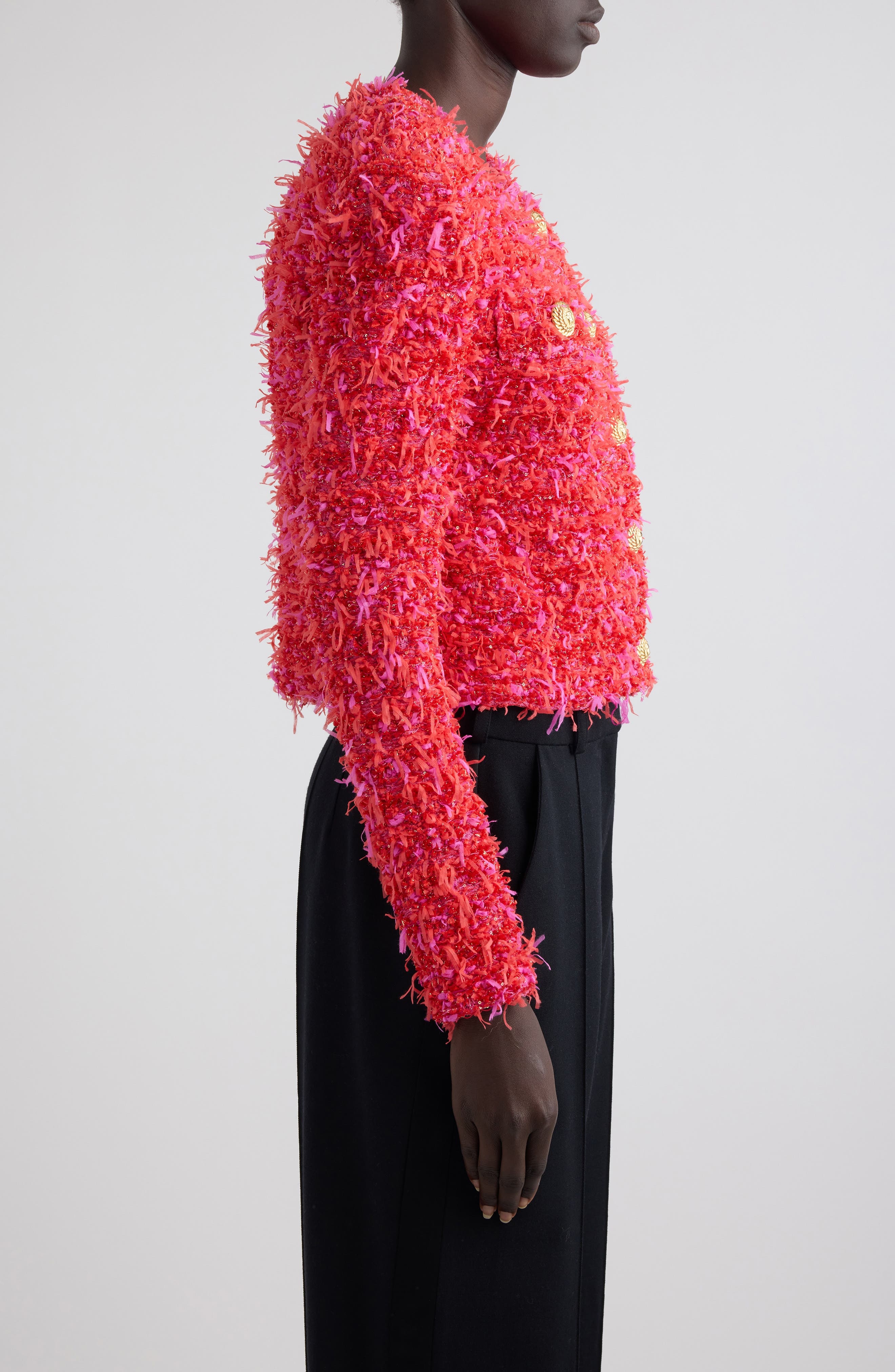 Balmain Crop Sequin Tweed Jacket in Mcw Red/Pink at Nordstrom - 3