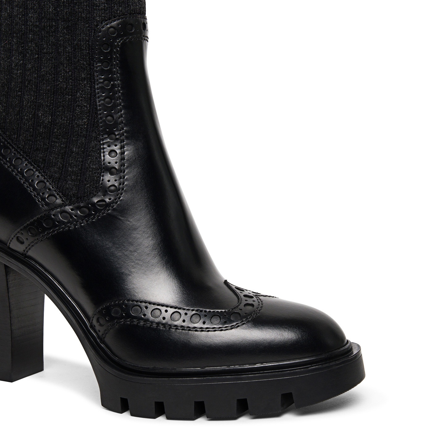 Women’s black leather mid-heel brogue sock boot - 5