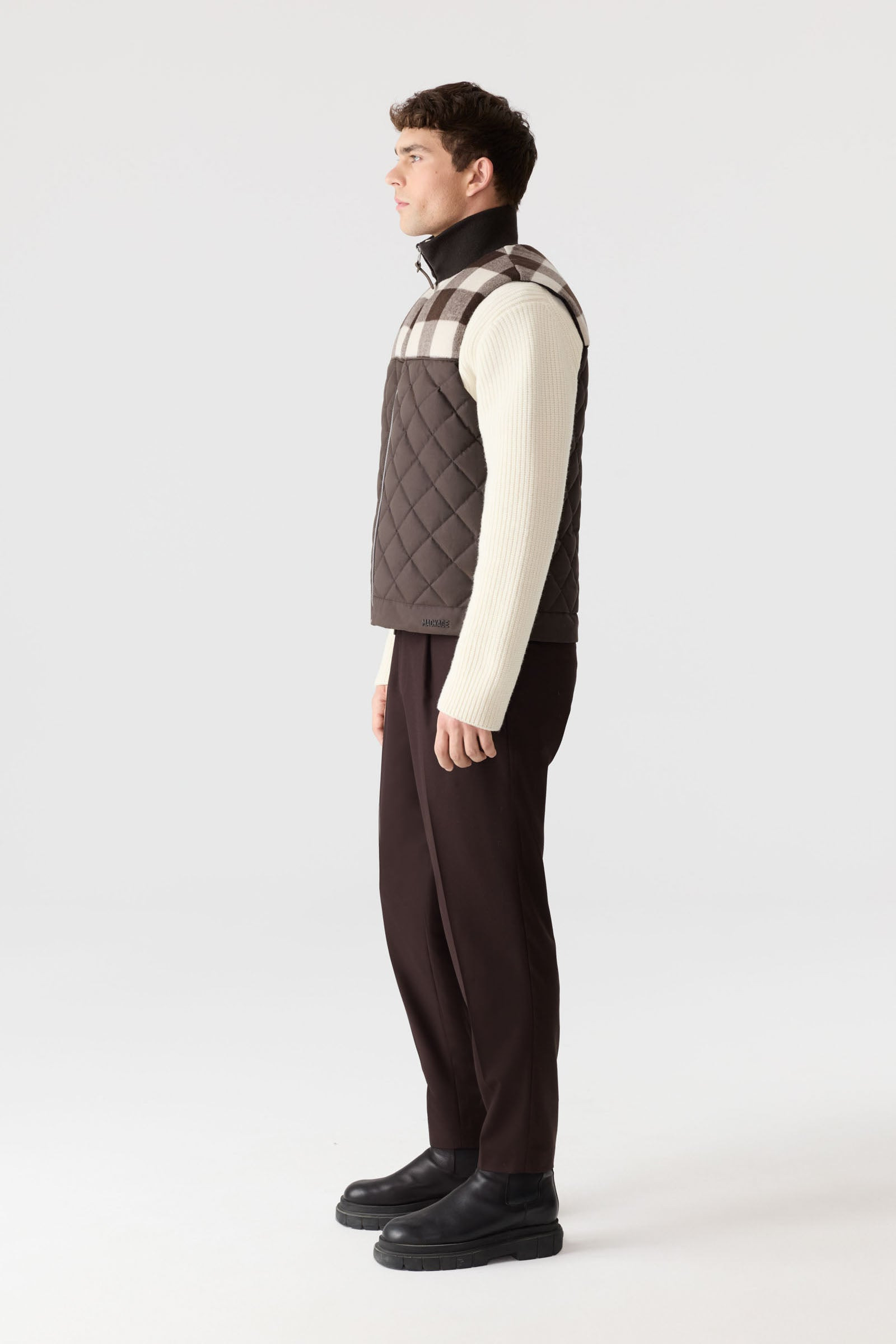 RICARDO-PL Quilted Down Vest With Plaid Yoke - 3