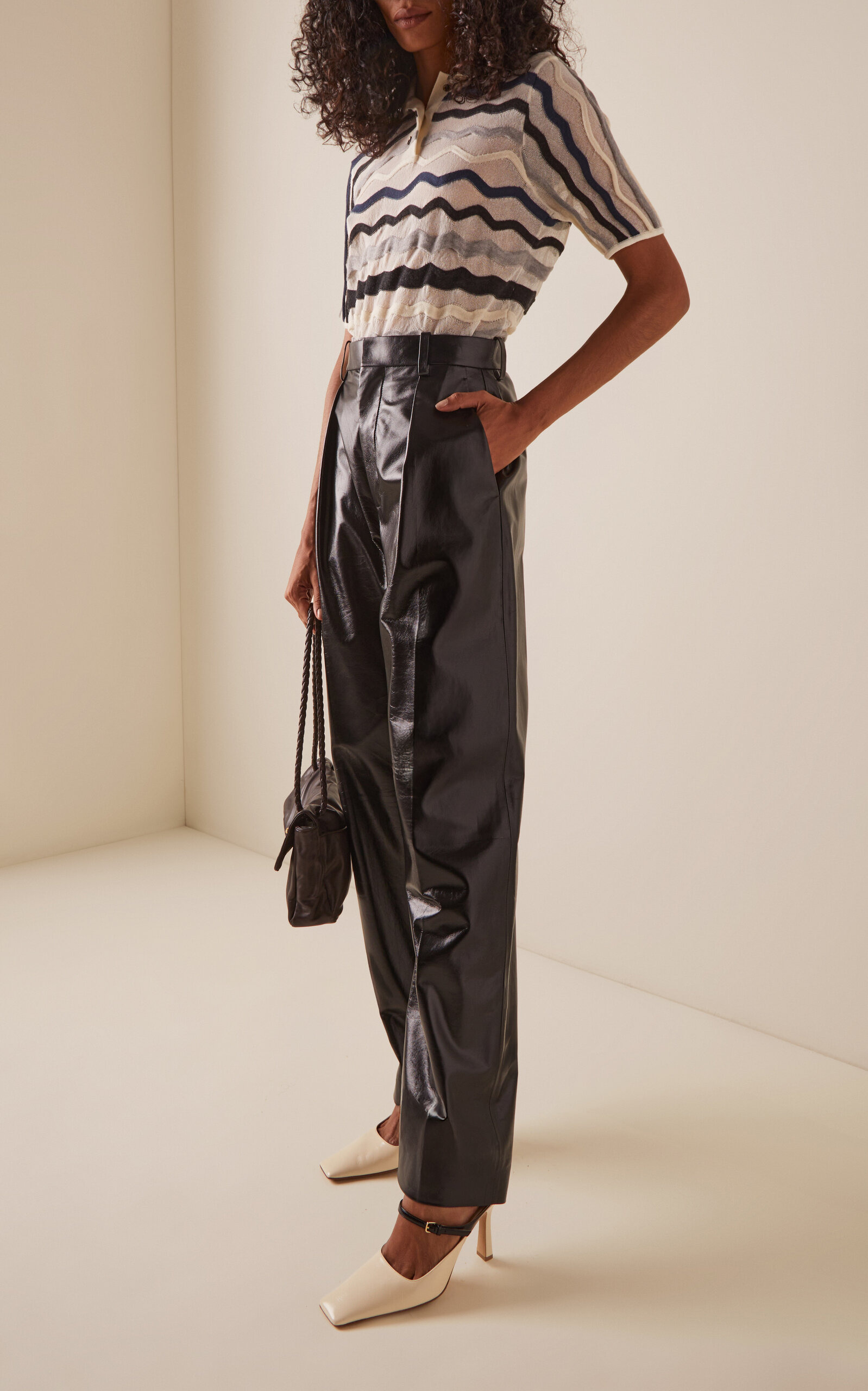 Pleated Leather Straight-Leg Pants black - 2