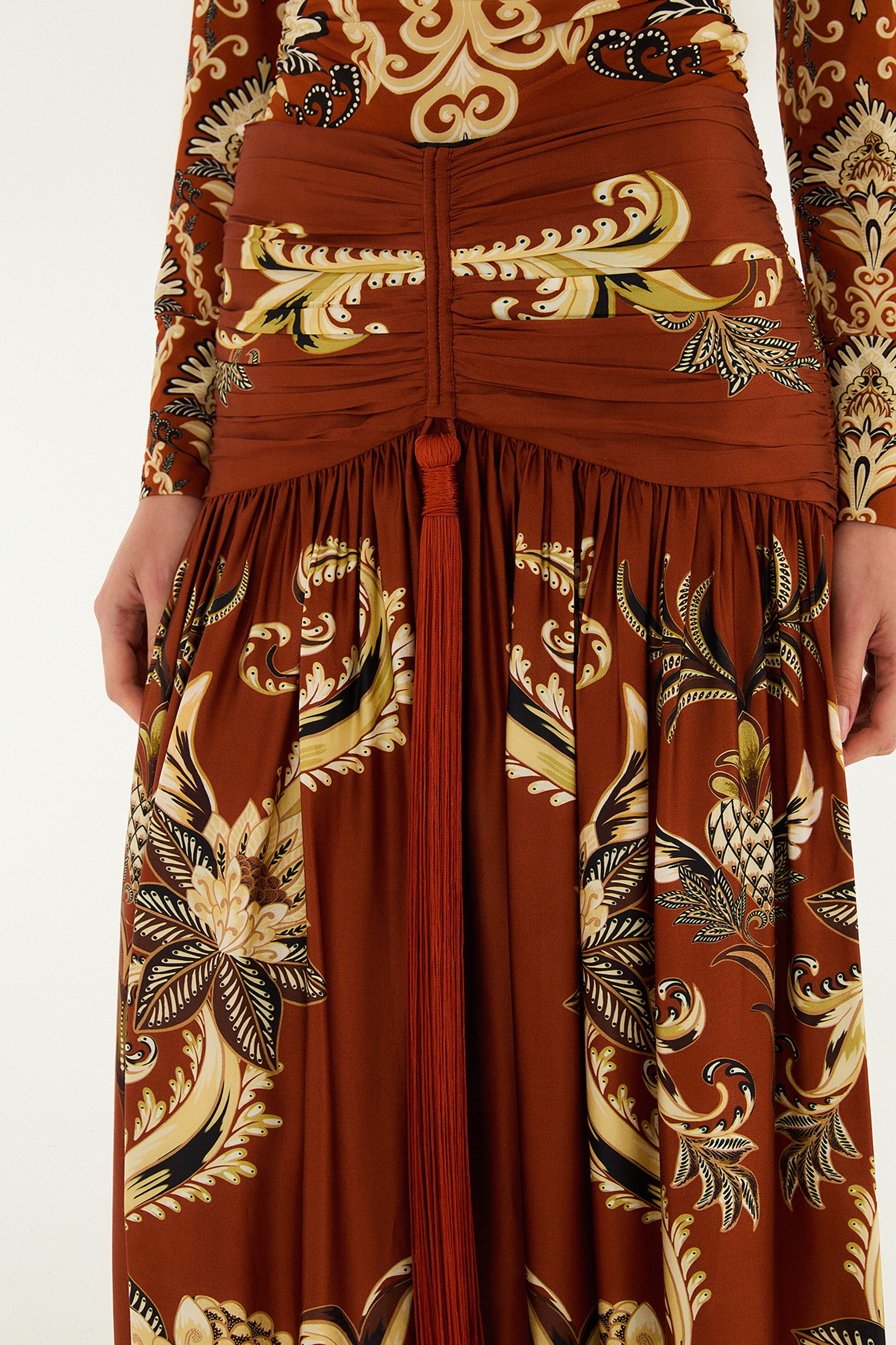Orange Arabesque Paradise Flower Fringe Lenzing™ Ecovero™ Viscose Midi Skirt - 2