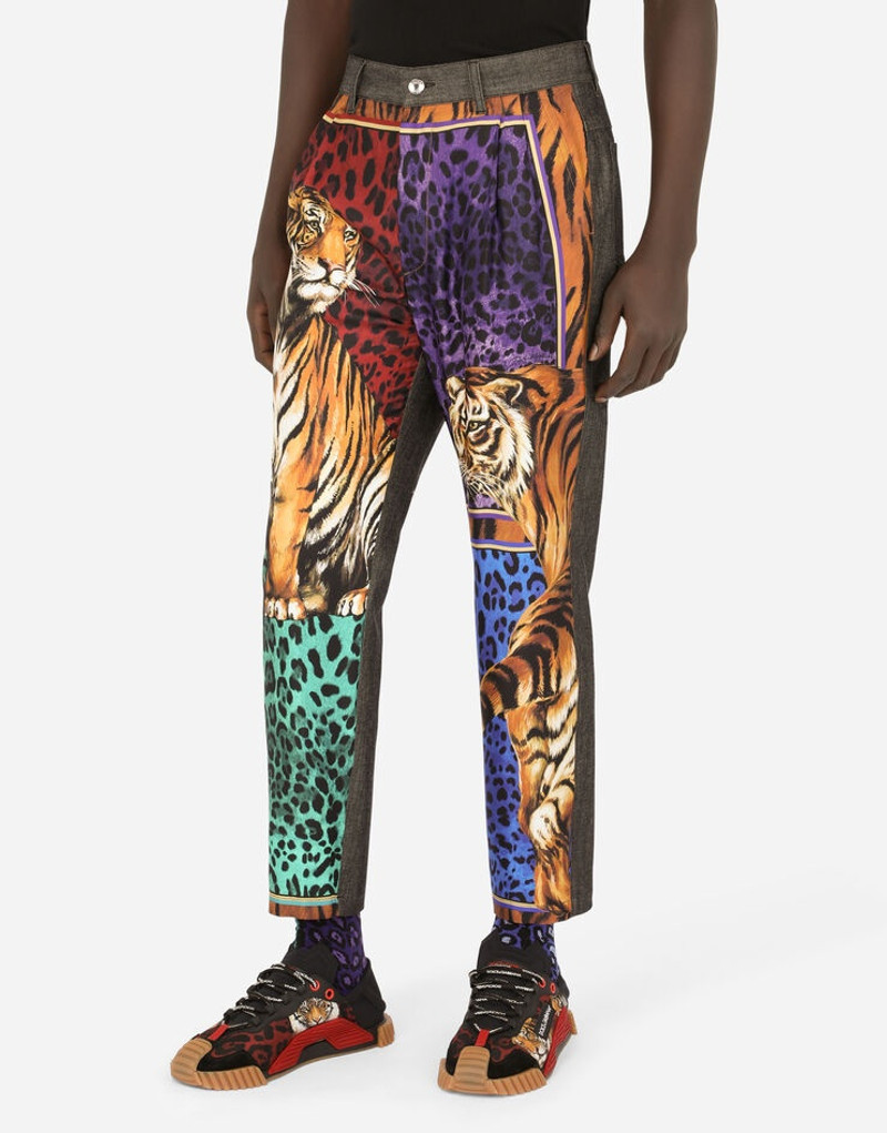 Oversize black denim and twill jeans with tiger print 4