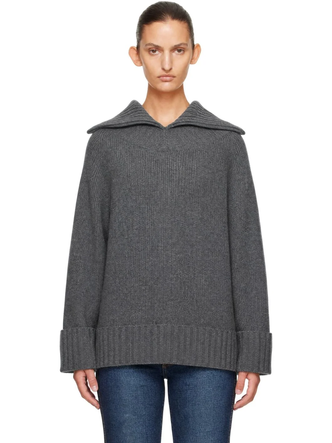 Gray Wide Collar Jumper Sweater - 1