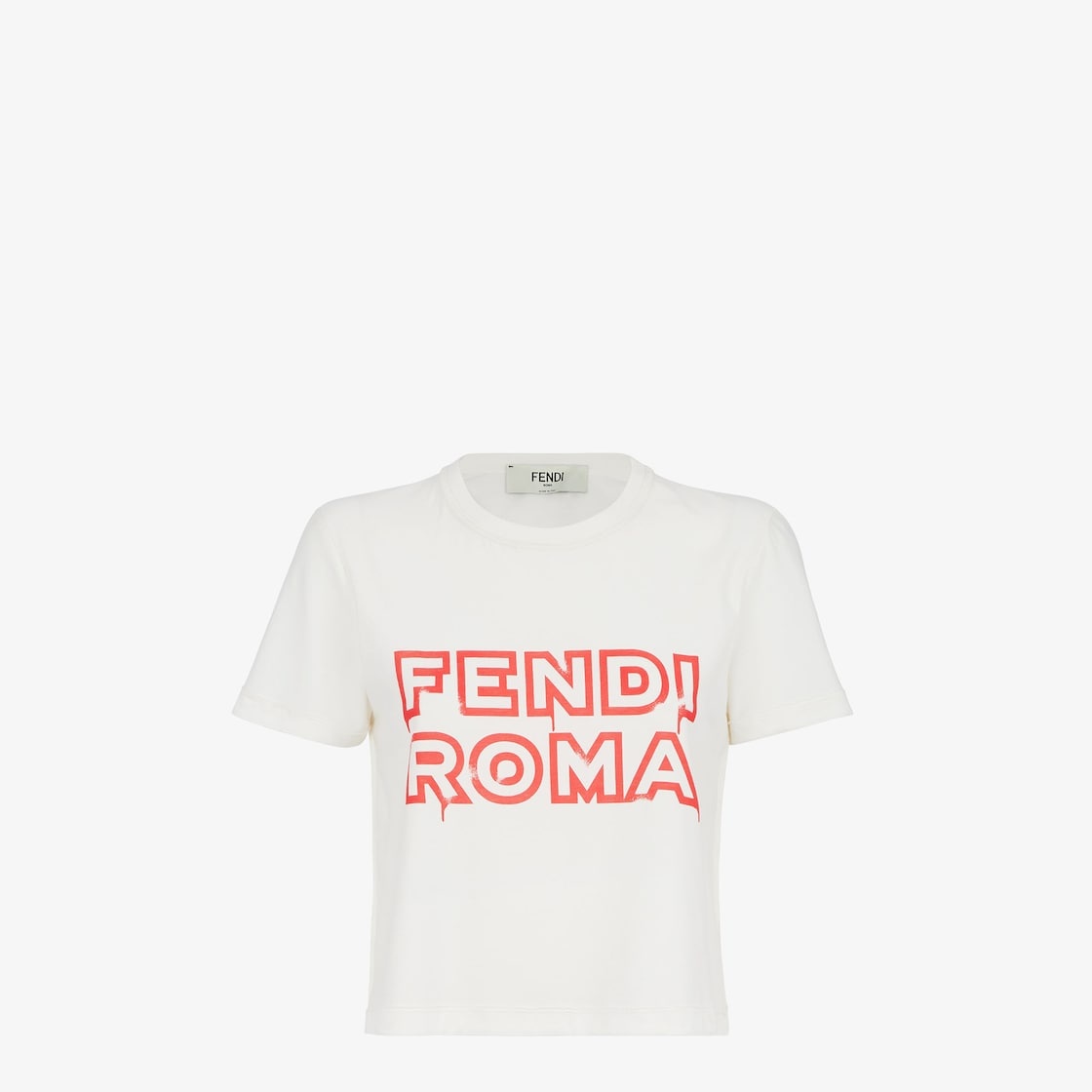 Cropped T-shirt with crew neck and short sleeves. Made of white jersey decorated with the Fendi Roma - 1
