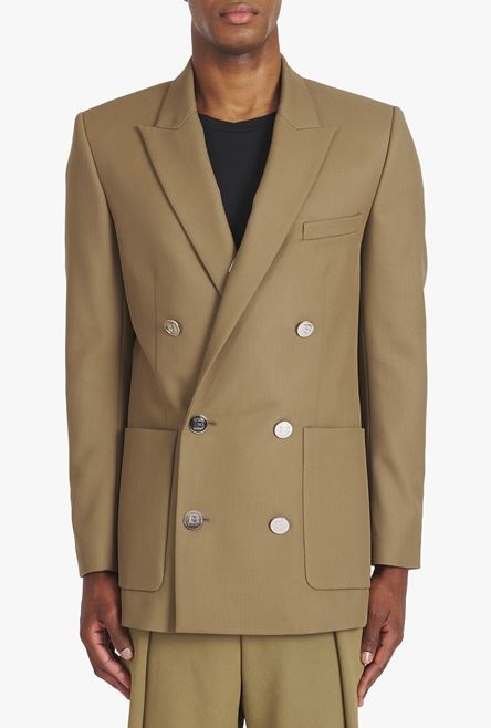 Taupe twill blazer with double-breasted silver-tone buttoned fastening - 5