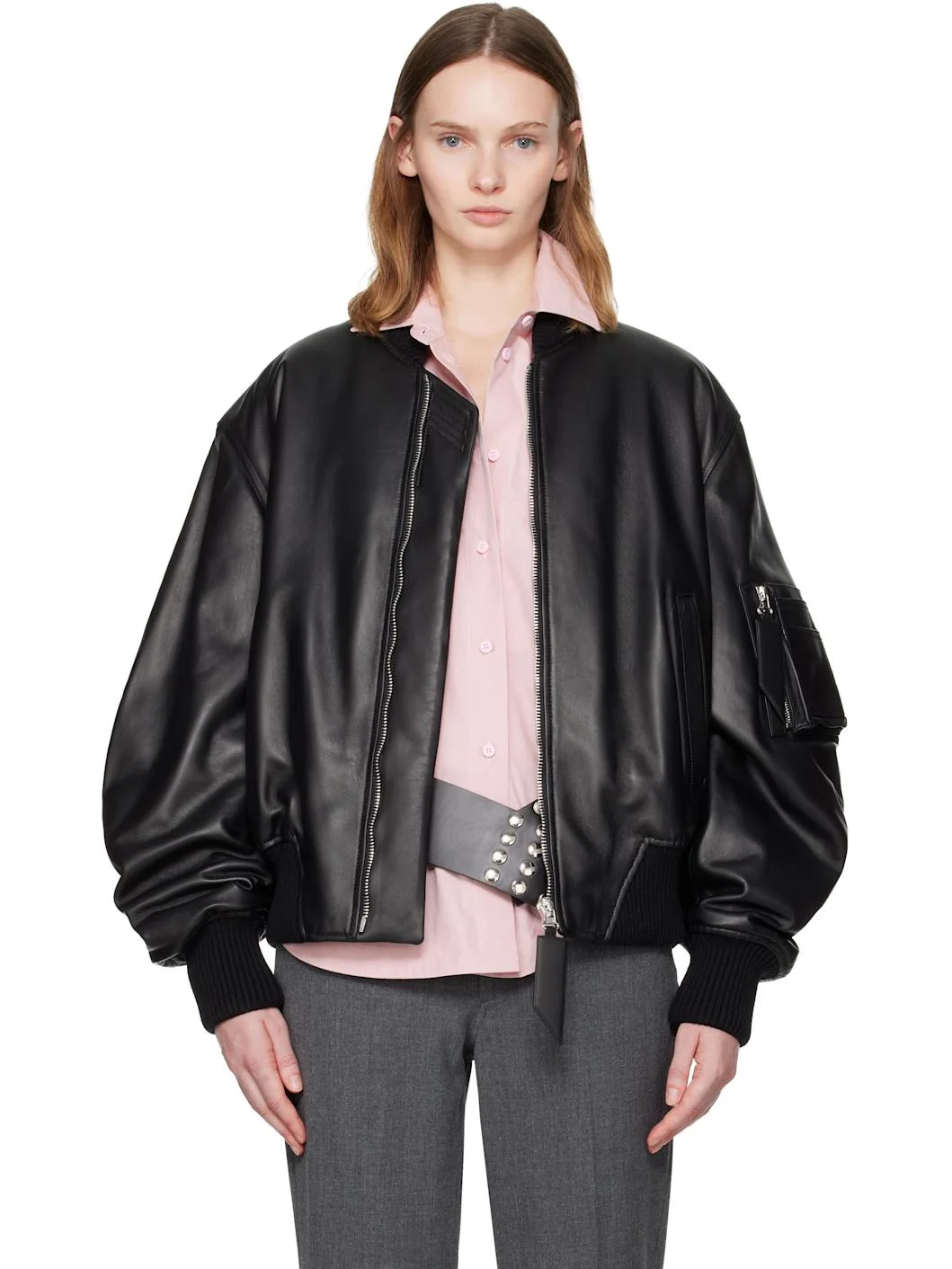 Black Anja Leather Bomber Jacket - 1