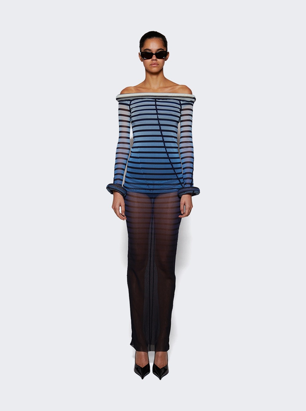 Long 3d Striped Dress Blue And Black - 3