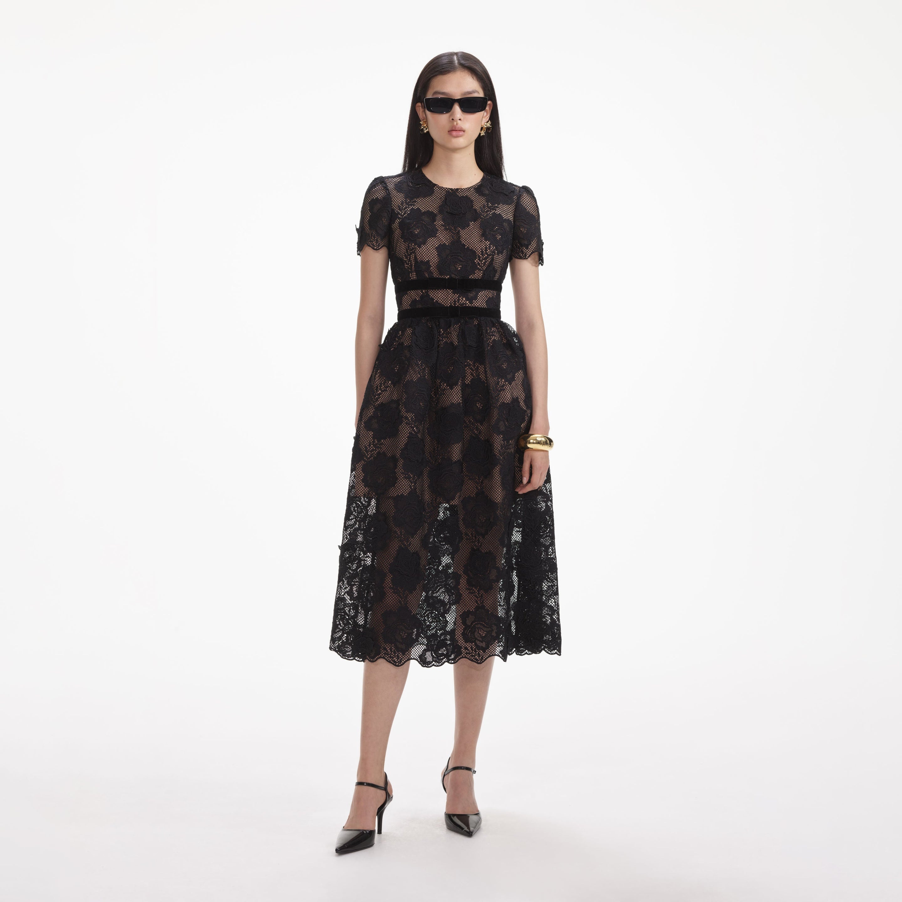 Black Lace Velvet Bow Midi Dress - 1